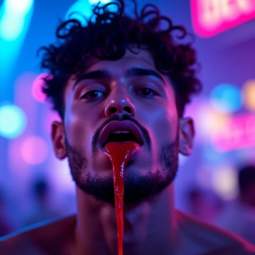 Pouring into his mouth. This is a high-resolution, dramatic photograph of a young man with dark, curly hair and a neatly trimmed beard. He is captured in a vibrant, neon-lit environment, suggesting a nightlife or festival setting, with the background featuring a mix of blue, pink, and purple hues, creating a surreal, dreamlike atmosphere. The man's skin has a smooth, slightly glistening texture, indicating he might be in a humid or sweaty environment, possibly due to the heat or physical exertion. A stream of red  liquid is pouring into his mouth.