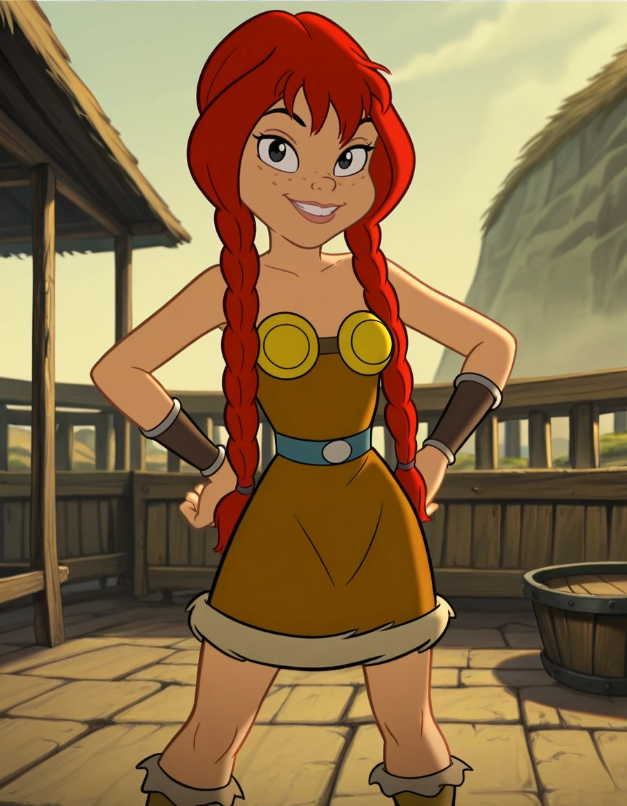 <lora:AbbaIllustrious1.0JLFO:1> abba, 1girl, red hair, long hair, freckles, braid, dress, twin braids, smile,parted lips,black eyes,  outdoors, bracer, boots,, looking at viewer,hand on hip, cowboy shot