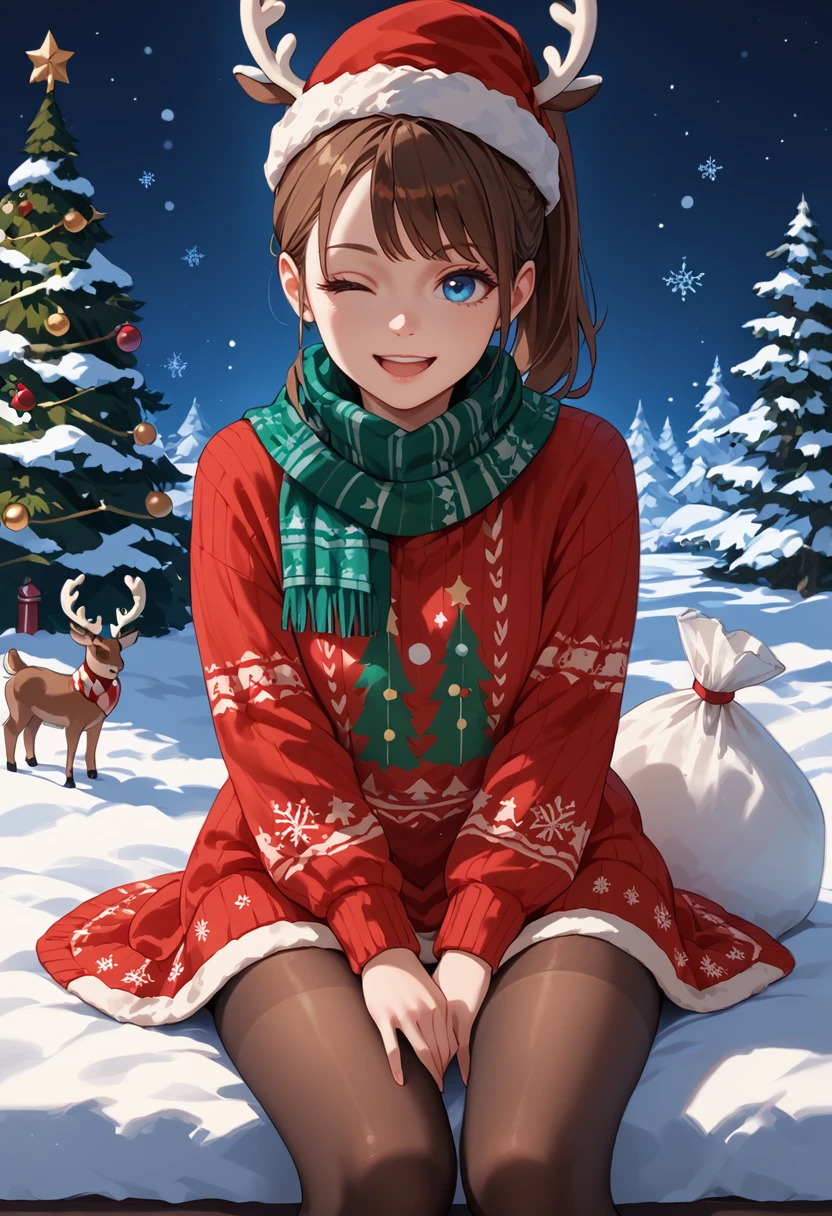 score_9, score_8_up, score_7_up, score_6_up, score_5_up, score_4_up, masterpiece, ultra-detailed, high resolution,

christmas_sweater, 1girl, one eye closed, pantyhose, green scarf, brown hair, reindeer antlers, blue eyes, smile, santa hat, christmas, scarf, hat, sitting, antlers, fake antlers, open mouth, red sweater, looking at viewer, dress, ponytail, sack, 1boy, black pantyhose, holding sack