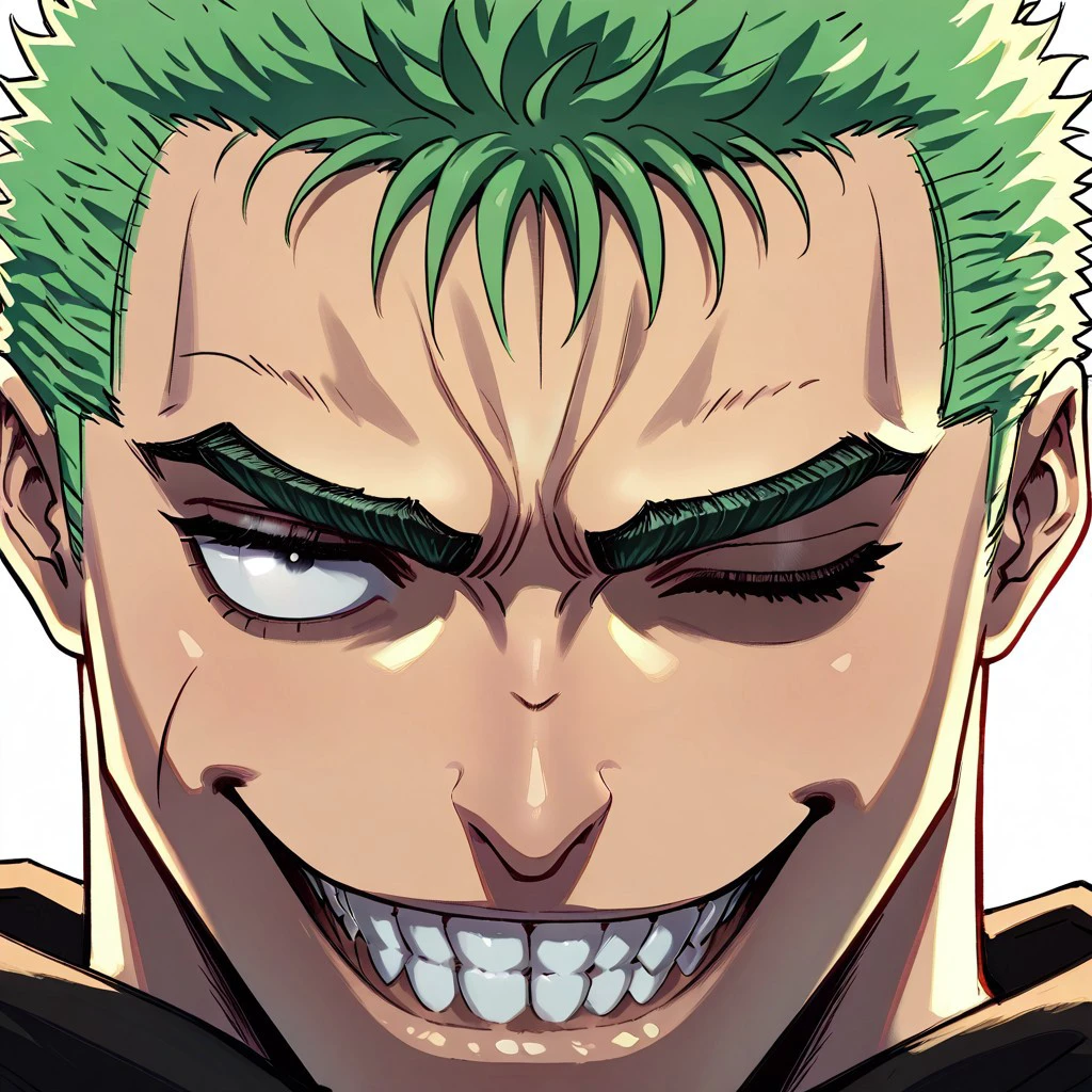 masterpiece, best quality, newest, absurdres, highres, Berserkingtimeface, smile, teeth, one eye closed, grin,  roronoa_zoro, one_piece, 1boy, green_hair, black_eyes,