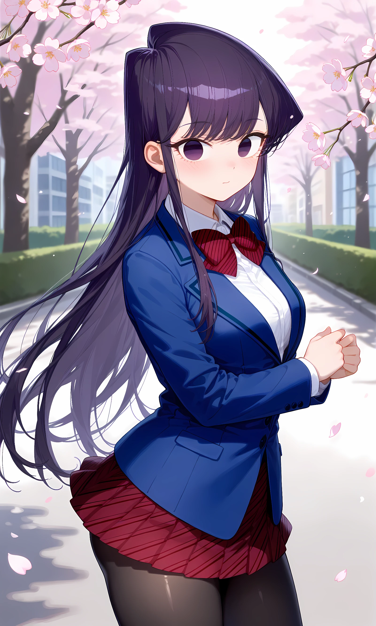 score_9, score_8_up, score_7_up, source_anime, 1girl, solo, outdoors, street, cherry blossoms, cowboy shot, looking at viewer, shiny skin, close-up, komi shouko, purple eyes, purple hair, bangs, very long hair, blue blazer, long sleeves, jacket, red bowtie, diagonal-striped bowtie, microskirt, red skirt, diagonal-striped skirt, black pantyhose, brown shoes, closed mouth, no pupils, surprised