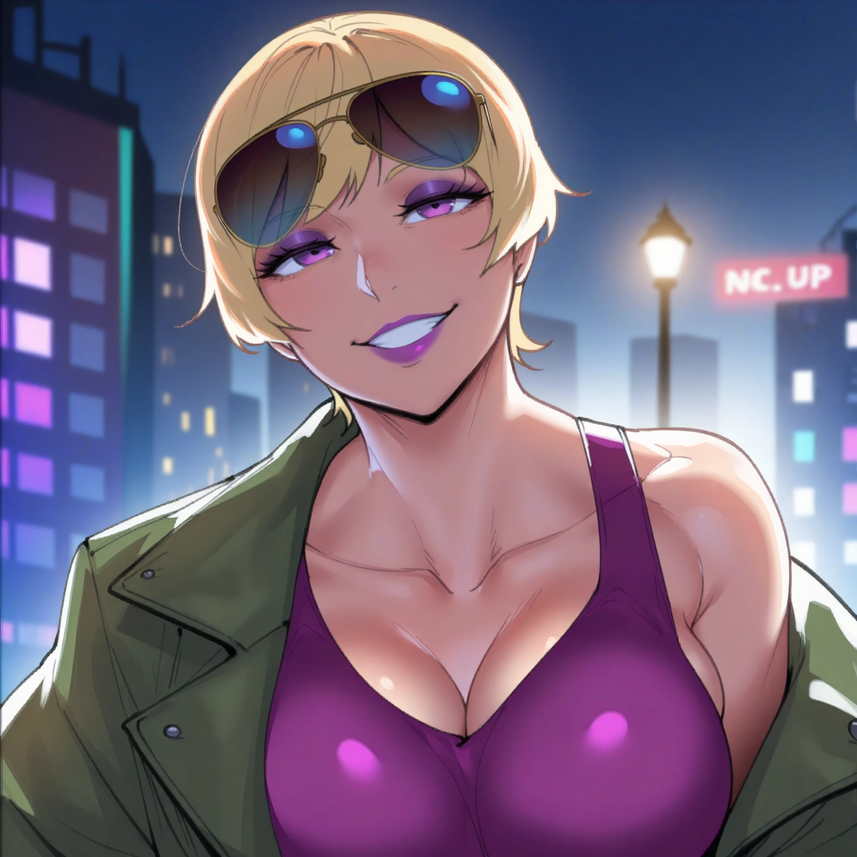 zPDXL3, score_9, score_8_up, ndc, 1girl, close-up, looking_over_eyewear, aviator sunglasses, eyeshadow,
medium breasts, tomboy, single bare shoulder, cleavage, blonde hair, purple lips, smile, purple eyes, half-closed eyes, jacket, tank top, 
street, building, backlighting, lamppost, city, night, cityscape
 <lora:IL_XL_-_NDCnatedecock_Style:1>