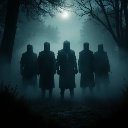 "Imagine an image in the style of epic cinematic photorealism, depicting Crusading Knights standing in a dense, moonlit forest. Their silhouettes are partially obscured by the mist that clings to the ground, creating an eerie and foreboding atmosphere. The knights’ swords hang at their sides, their expressions veiled by helmets, hinting at the tension of their purpose. The scene reflects the quiet unease of a mission shrouded in uncertainty."