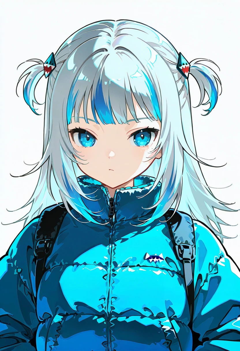 1girl,solo,looking at viewer,ikeda ruriko, puffer jacket, blue jacket,upper body, gawr_gura