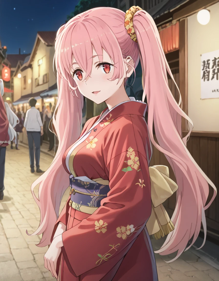 score_9, score_8_up, score_7_up, source_anime, BREAK
1girl, light smile, open mouth, standing, from side, blurry background, medium breasts, scenery, looking at viewer, crowd, market stall, hair ornament, hair scrunchie,
heith velvet (danmachi s5), long hair, pink hair, twintails, hair between eyes, red eyes,
outdoors, night, kinchaku, 15th century, isekai, night, dark background,
<lora:colorkimonoPony:0.9>, red kimono, wide sleeves, long sleeves, obi, sash, floral print,
<lora:heith_velvet-danmachi_s5-anime-soralz:1>