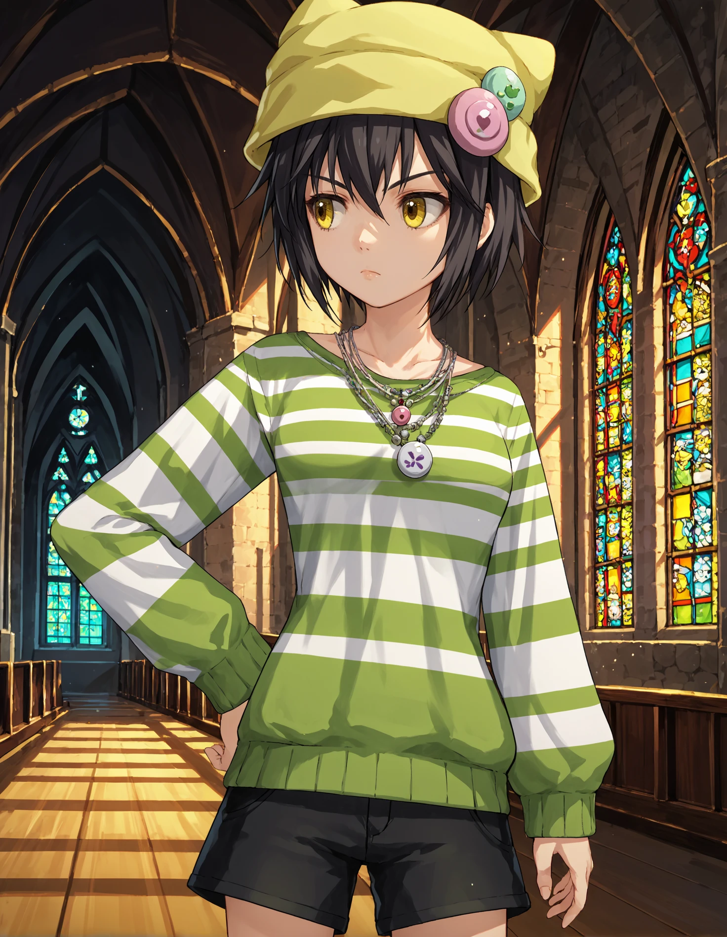 score_9, score_8_up, source_anime, 1girl, upper body, medium shot, detailed, pmmmkurekirika, standing, black hair, yellow eyes, yellow hat, badges on hat, multiple necklaces, green striped sweater, black shorts, indoors, church, looking away, hand on hip, dynamic pose, (side view:0.7), <lora:pmmmkurekirika_XL:0.9>