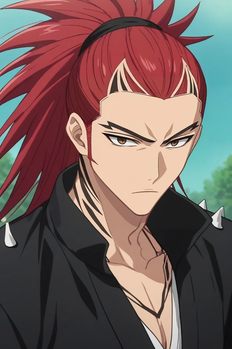 score_9, score_8_up, score_7_up, source_anime, rating_safe, intricate details, anime screencap, , , looking at viewer, depth of field, 1boy, solo, male focus, <lora:renji_abarai_pony:0.92>, renji_abarai, red hair, brown eyes, spiked hair, long hair, ponytail, tattoo, , , , <lora:sdxl_lightning_8step_lora:1>