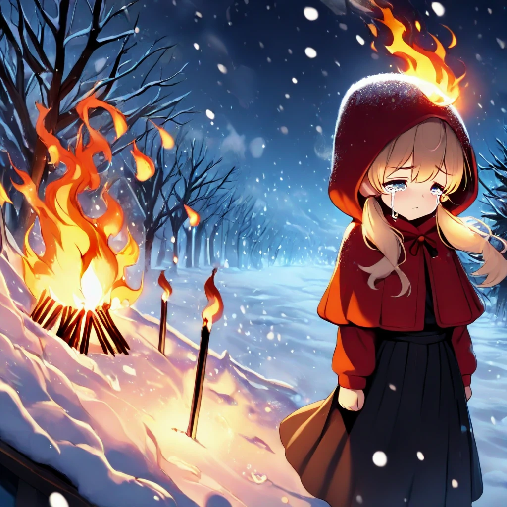 masterpiece, best quality, face focus, lit match, wildfire, bushfire, flaming, blaze, burning, 1girl, tears, crying, blonde hair, low twintails, hood up, red hooded jacket, black long skirt, capelet, fog, wind, steam, night, night sky, bare tree, snow, snowing, snowstorm, <lora:girllikelitmatch_ilxl:1>