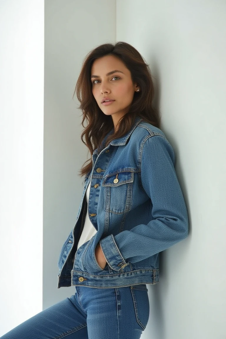 A fashion editorial. A photograph of a woman in an open denim jacket and jean pants. Her face is slightly tilted and she is posing by leaning back on a white wall. she is looking at the camera. Both her hands are in her pocket. The background is solid white. beautiful diffused artifical light to give a high end editorial feel.