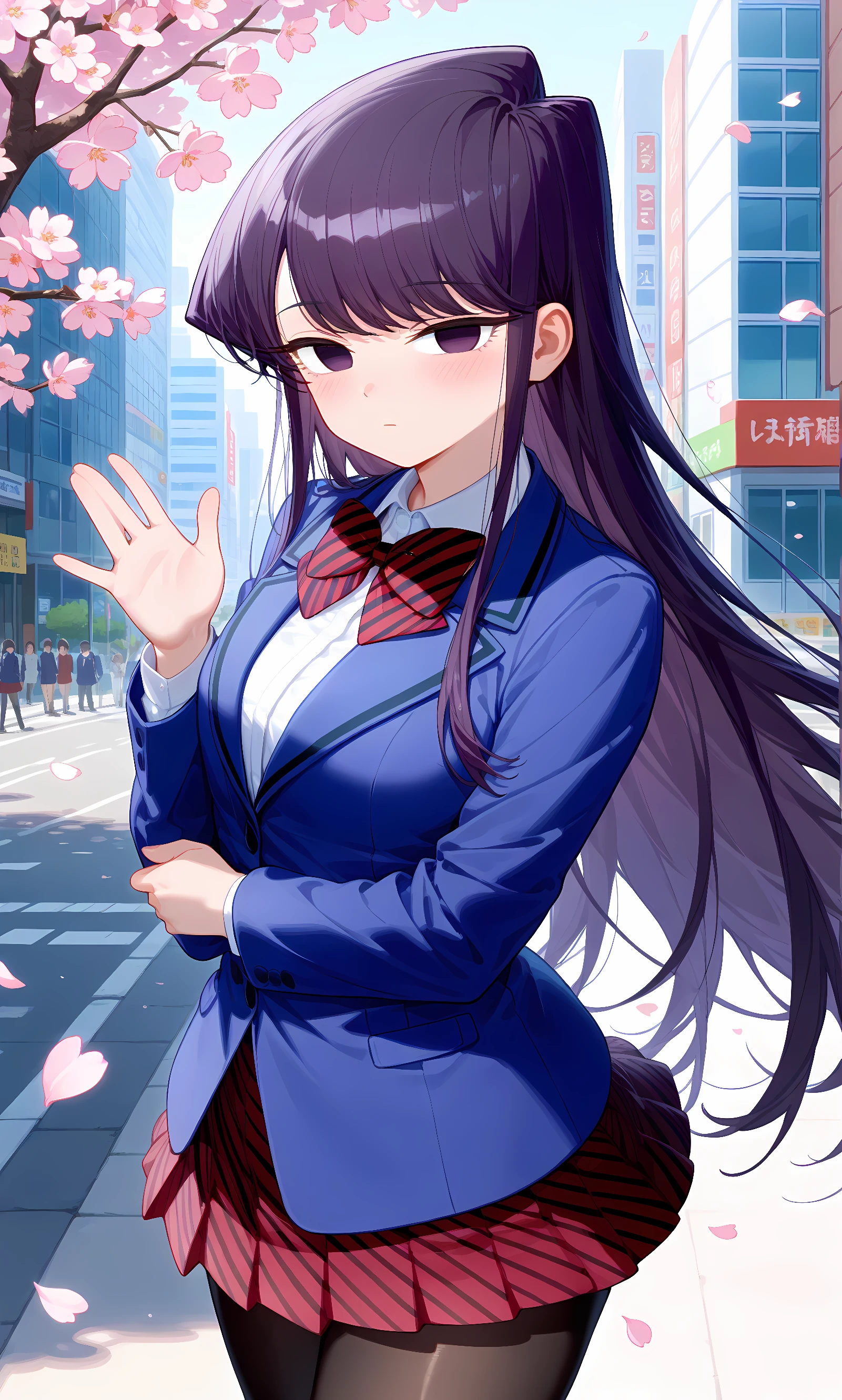 score_9, score_8_up, score_7_up, source_anime, 1girl, solo, outdoors, street, cherry blossoms, cowboy shot, looking at viewer, shiny skin, close-up, komi shouko, purple eyes, purple hair, bangs, very long hair, blue blazer, long sleeves, jacket, red bowtie, diagonal-striped bowtie, microskirt, red skirt, diagonal-striped skirt, black pantyhose, brown shoes, closed mouth, no pupils, half-closed eyes, waving