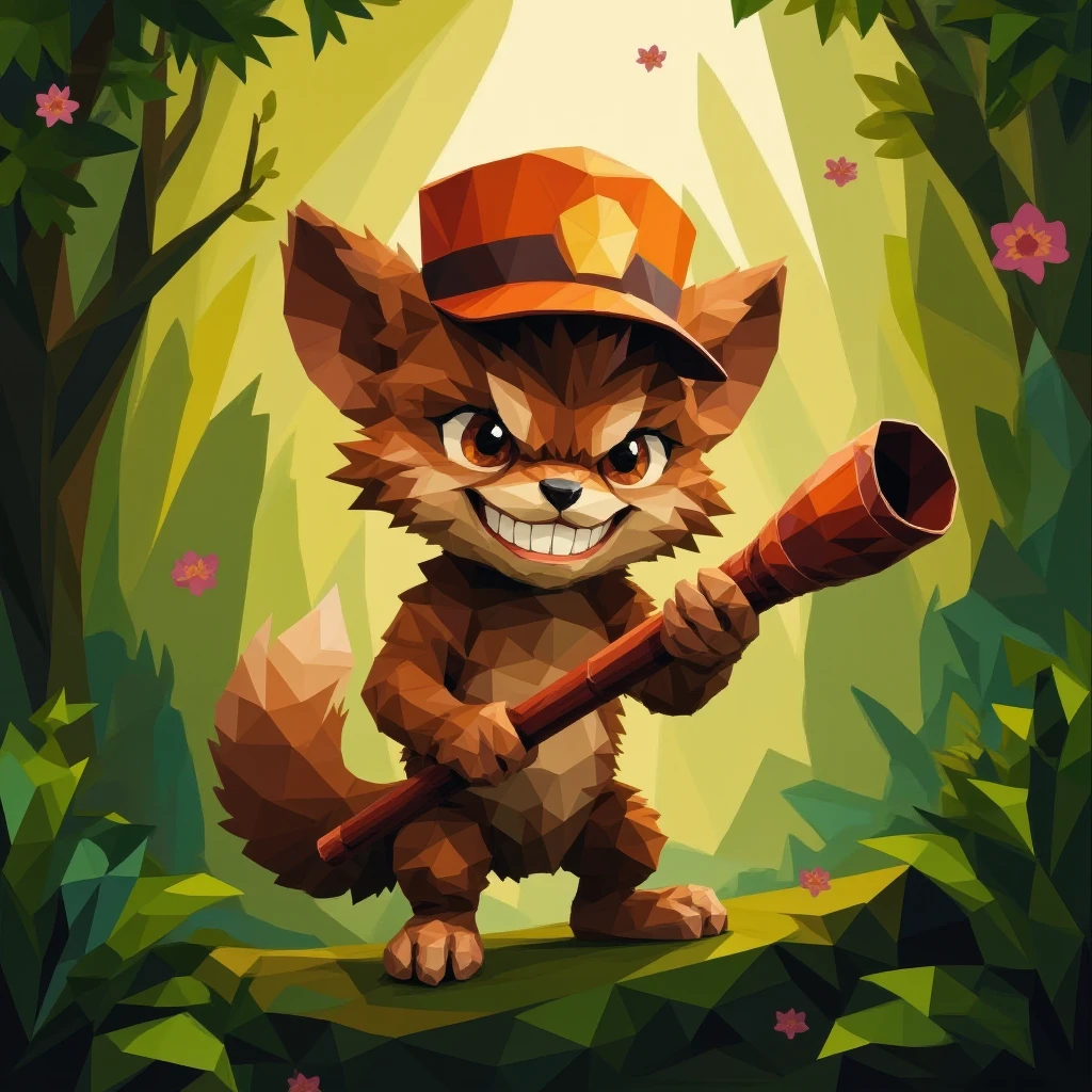 Low Poly style,Teemo, the notorious Yordle troublemaker, surrounded by lush greenery, mischievous grin on his face, wearing a bright orange hat and carrying a menacing blowpipe, set amidst a whimsical, dreamlike atmosphere with warm, golden lighting