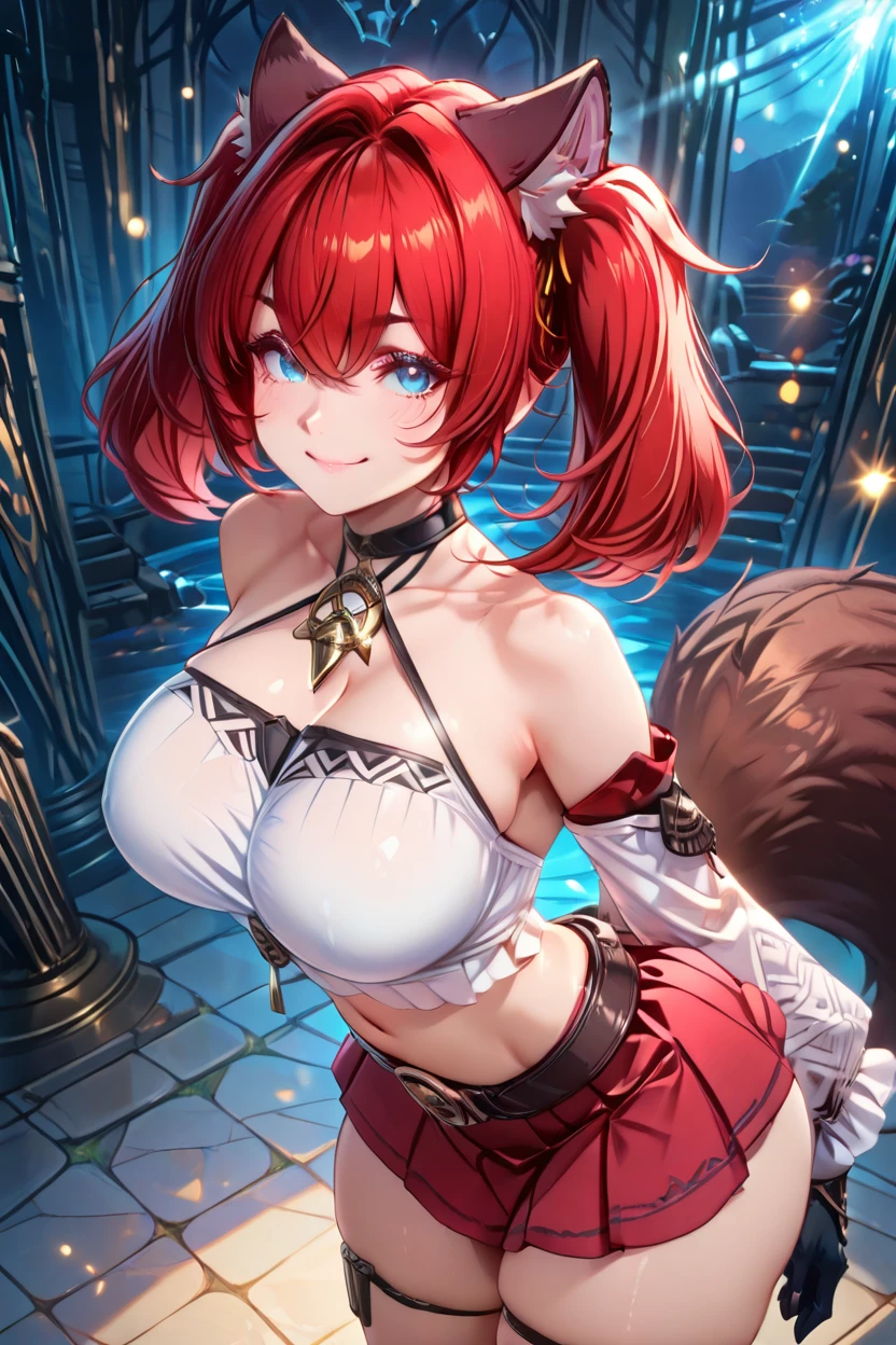 masterpiece, best quality, solo, curvy, beautiful eyes,zzTerara, red hair, fox tail, hair between eyes, asymmetrical gloves, bare shoulders, belt, black choker, black gloves, criss-cross halter, crop top, detached sleeves, fingerless gloves, fox tail, halterneck, jewelry, long sleeves, miniskirt, navel, necklace, pleated skirt, red skirt, thigh strap, white shirt, large breasts,   <lora:TeraraAzurPromiliaIXL:1.0>, side view, ass, leaning forward, cowboy shot, smile, looking at viewer, shiny skin,<lora:RealisticAnimeIXL_v2:1.0>, shiny skin, bokeh, luminescent background,