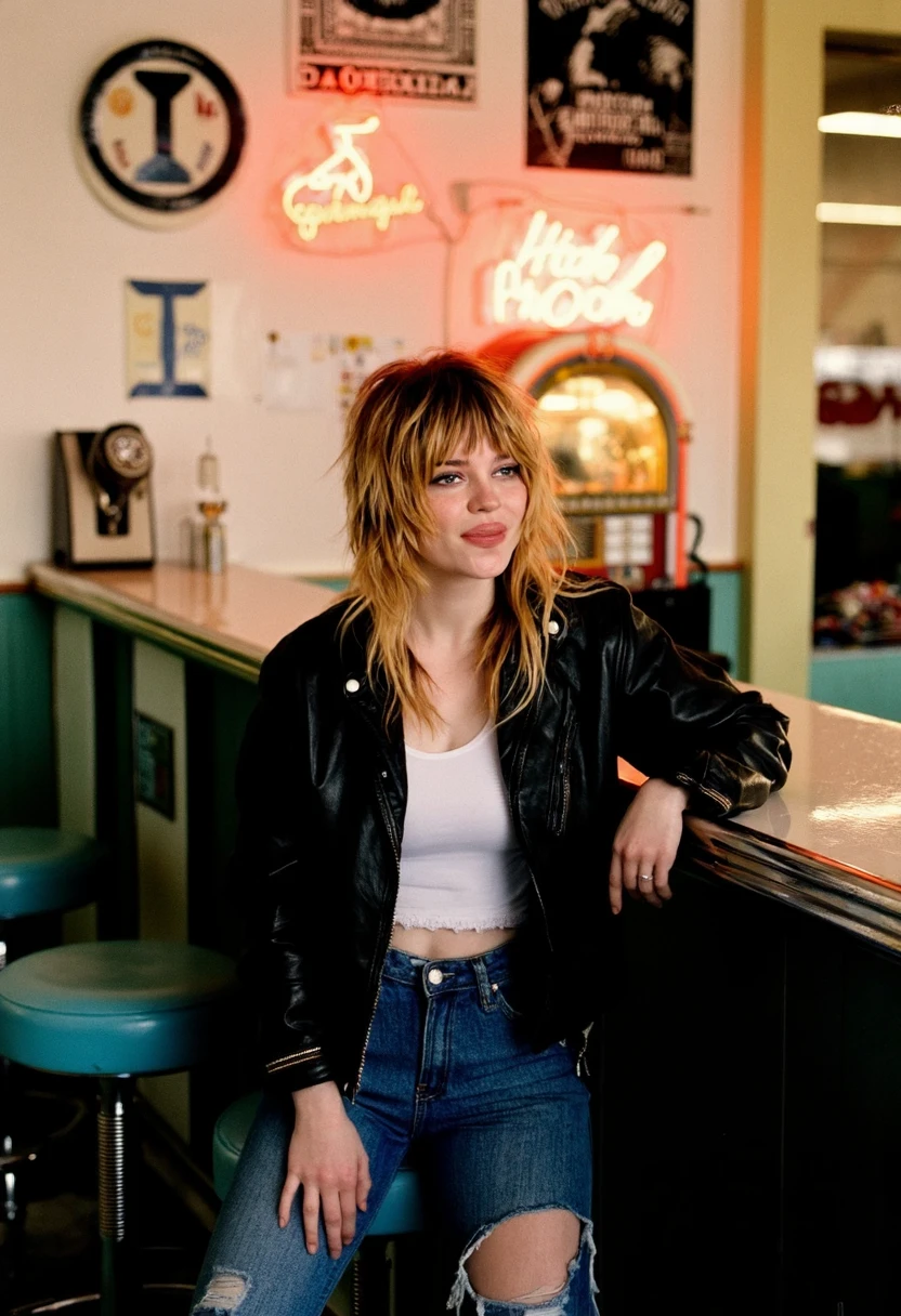 {    "T5": "This image is a high-quality photo, captured with a medium format film camera using Kodak Portra 400 film, with an aperture of f/2.8. The scene is set in a vintage-inspired diner, with neon signs and retro decorations. Sophie Thatcher, the main subject, sits on a stool at the counter, wearing a fitted black leather jacket, a white tank top, and high-waisted, ripped blue jeans. Her messy blonde hair, with dark roots, falls loosely around her face, and her bangs cover her forehead. She looks relaxed, with a hint of a smirk on her face. The overall mood is casual and laid-back, with a sense of nostalgia and retro charm. The lighting is warm and soft, with a golden hour glow.\nIn the background, a jukebox plays classic rock music, and a chrome-edged counter with vinyl stools reflects the neon lights. The diner's walls are adorned with vintage posters, and a retro-style cash register sits on the counter. The atmosphere is cozy and inviting, with a hint of rebelliousness.",    "CLIP": "woman, young, pale skin, blonde hair, dark roots, messy hair, bangs, leather jacket, ripped jeans, diner, neon signs, retro decorations, vintage, nostalgic, laid-back, relaxed, smirk, golden hour, warm lighting, soft lighting, jukebox, classic rock, chrome, vinyl stools, posters, cash register, rebellious" }