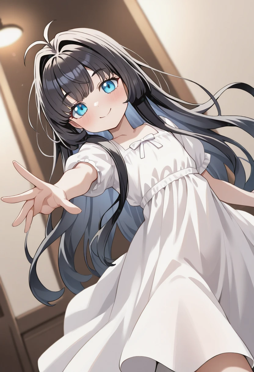 masterpiece,best quality,absurdres,perfect lighting,
*//*,<lora:BlancheFreidkin_Illustrious:1>,blanche_freidkin1girl,flat chest,blue eyes,black hair,long hair,hair intakes,ahoge,white dress,
*//*,looking at viewer,cowboy shot,dutch angle,dynamic pose,smile,