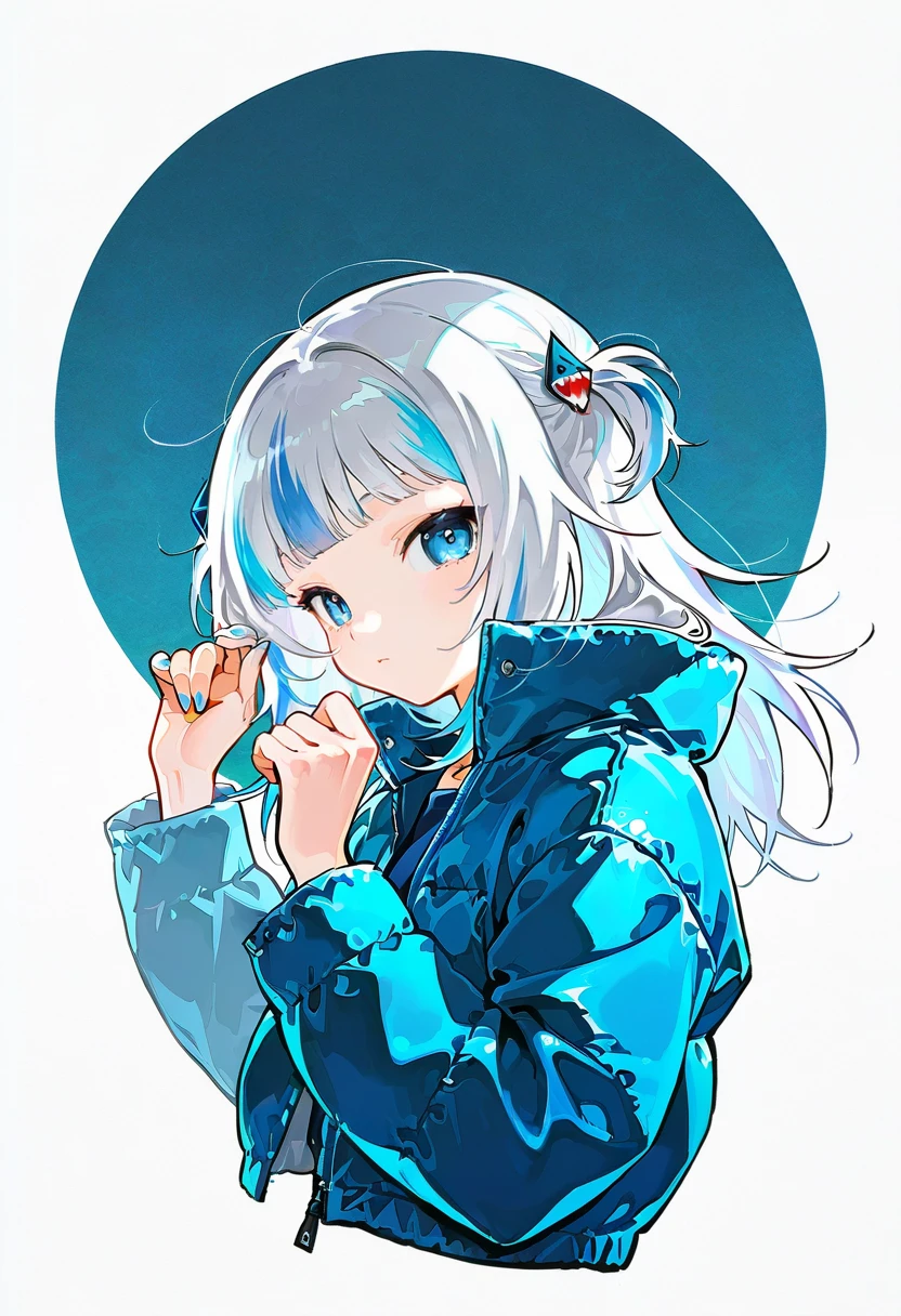 1girl,solo,looking at viewer,ikeda ruriko, puffer jacket, blue jacket,upper body, gawr_gura