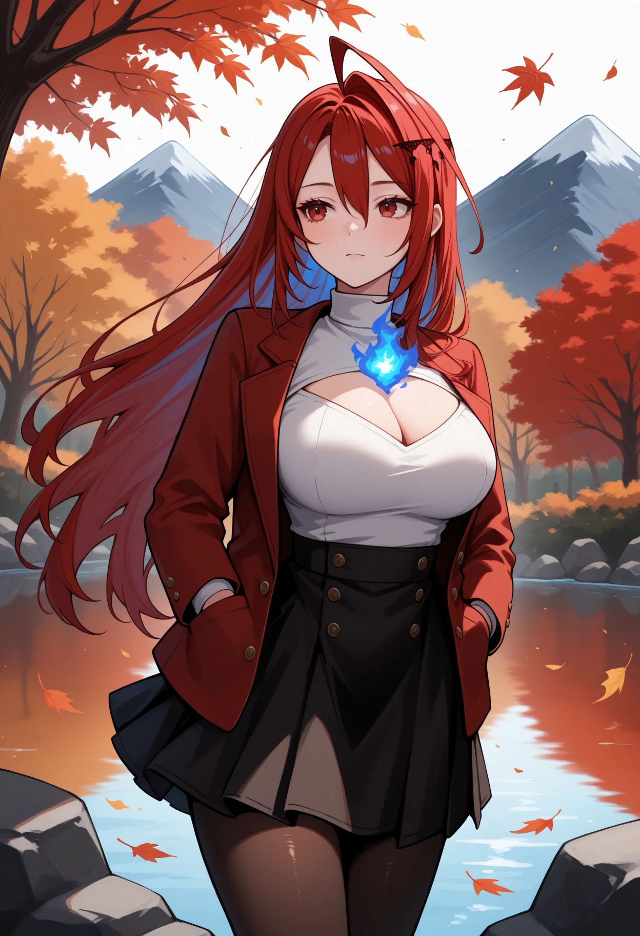 masterpiece, best quality, 1girl, solo, ElizabethRB, red eyes, red hair, colored inner hair, long hair, huge ahoge, hair ornament, blue fire, fire on chest, looking to the side, red blazer, white turtleneck, cleavage cutout, high-waist skirt, black skirt, pantyhose, hands in pocket, outdoors, autumn, lake, tree, mountain, falling leaves, wind, <lora:ChamElizabethRoseBloodflameIllustriousXL:1>