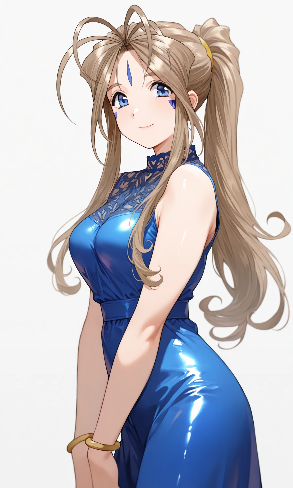 1girl, (Belldandy), smile, dress, medium breasts, blue dress, looking at viewer, shiny clothes, simple background, sleeveless, sleeveless dress, jewelry, bracelet, cowboy shot, (high resolution), ((masterpiece)), (best quality), (very aesthetic), aesthetic, illustration