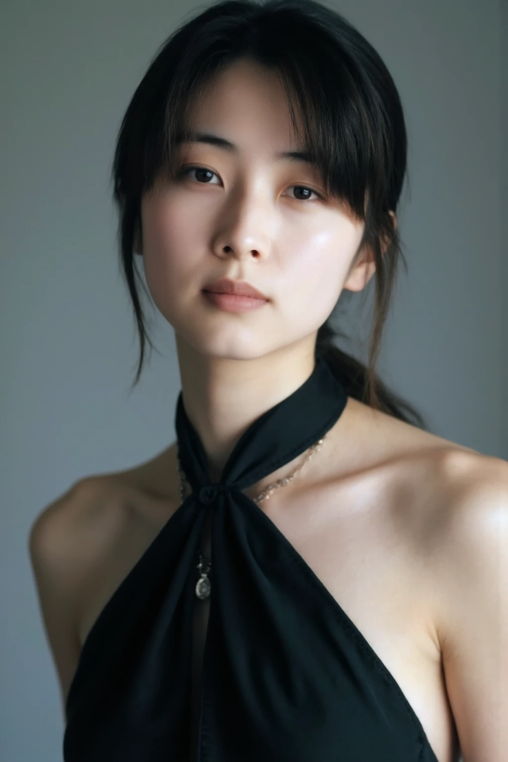 medium full shot of beautiful japanese girl , wearing black halter dress, gray background, studio lighting, necklace, dslr, soft lighting, high quality, film grain, light reflections, blood vessels, pale skin, skin pores,blood vessels in sclera, detailed skin, beauty spots, skin fuzz,<lora:flux_realism_lora:1>, <lora:makinaflux_sakaiizumi_v1.0:1>