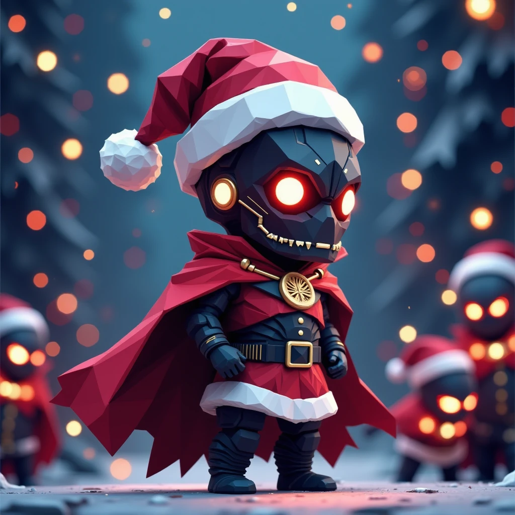 Low Poly style,wearing Christmas suit and hat,cute chibi,3d render,3d pixar style,professional 3d model An army of AI Overlord Santa Necrons, wearing capes, artificial intelligence, cybernetics, led lights, glowing ancient hieroglyphs all over the body, detailed piercing multicolored glowing eyes, Christmas scene, scenery