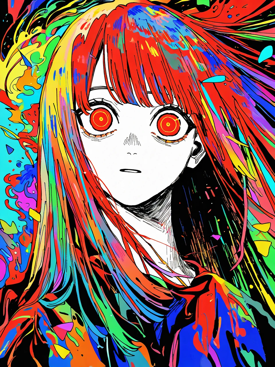 perfect composition, very awa, jaggy lines,  limited palette, spot color,  colorful, acid_trip, abstract background, limited palette, traditional media, dutch angle,  foreshortening, face focus,
1girl, upper body, solo,  multicolored hair, straight hair, red eyes, wide eyes, <lora:vivid:0.6>