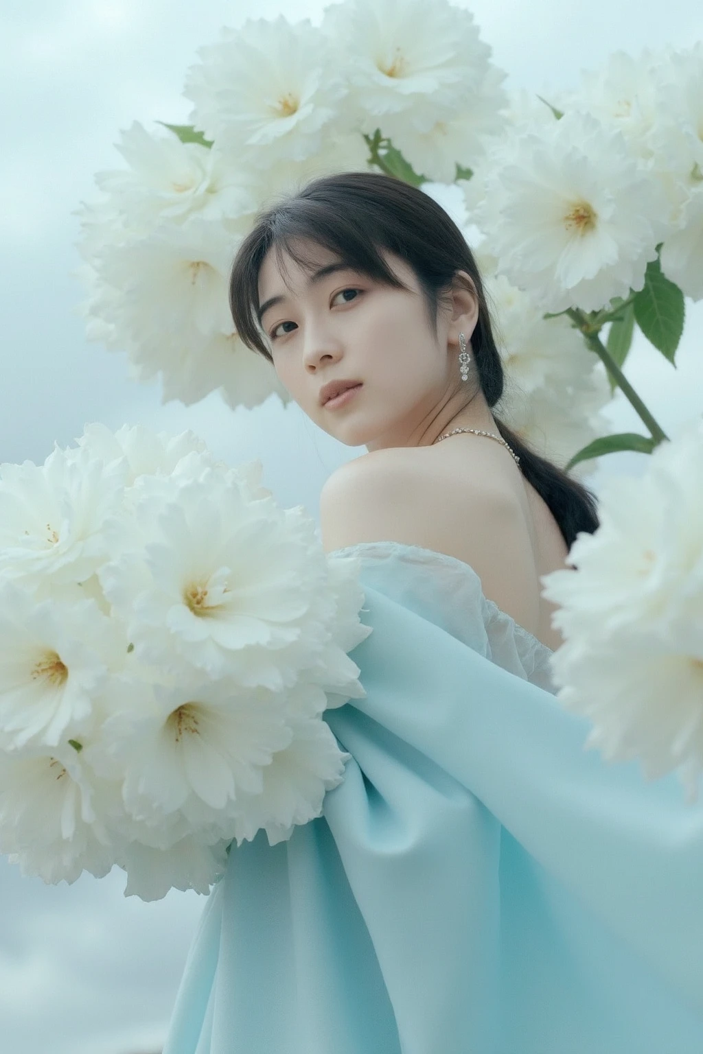 The image showcases a young asian woman wearing necklace and earrings with pale skin and makeup. She is positioned against a cloudy background, which is filled with large white rose flowers. The flowers dominate the composition, adding a dramatic and intense contrast to her skin tone and overall appearance.
The woman is dressed in light blue gown, which drapes softly over her shoulders, leaving her upper back and one shoulder exposed. Her expression is calm and slightly mysterious, with her gaze directed slightly to the side, away from the camera. The large flowers, some of which overlap with her figure, create a dreamy and surreal atmosphere, as if she is blending into or emerging from the floral background., <lora:flux_realism_lora:1>, <lora:makinaflux_sakaiizumi_v1.0:1>