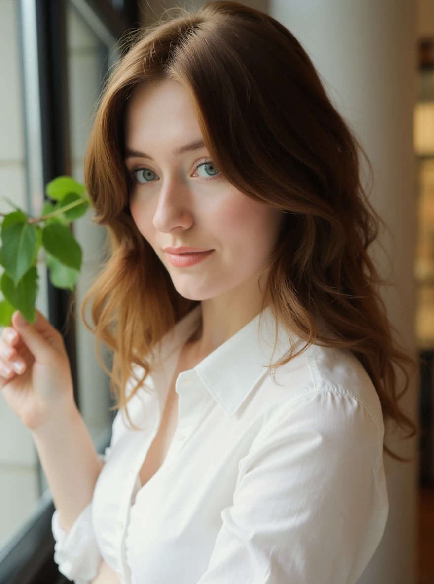 portrait of al1s0nr0ug3 woman, posing on a office, glass window, serene and warm, natural lighting, soft focus, high-resolution, elegant and introspective atmosphere, quiet sophistication, wearing a white shirt all buttons closed, slight smile, makeup

