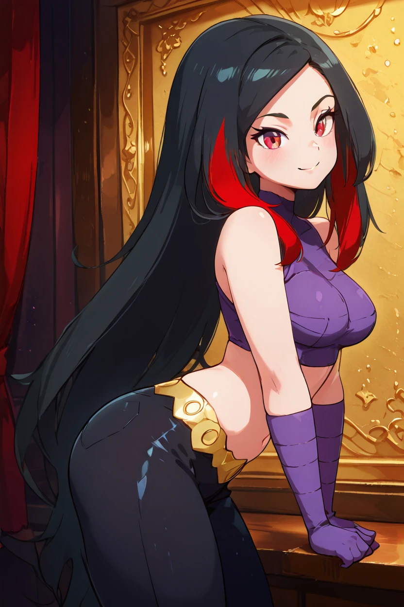 masterpiece, best quality, solo, curvy, beautiful eyes,,<lora:LucyPokemonIXL_v3:1.0>, zzLucy, red eyes, black hair, colored inner hair, long hair, multicolored hair, red hair, streaked hair, two-tone hair, very long hair, gloves, navel, sleeveless, purple gloves, elbow gloves, shirt, bare shoulders, purple shirt, black pants, side view, ass, leaning forward, cowboy shot, smile, looking at viewer, shiny skin,<lora:DiivesIXL:1.0>,