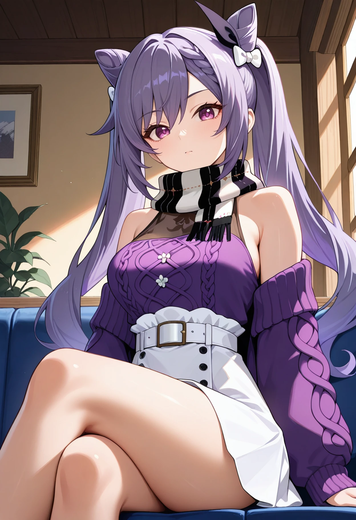 masterpiece, best quality, hires, absurdres, newest, 1girl, solo, <lora:keqing-gi-richy-v1_ixl:1> kqnglr, purple eyes, purple hair, long hair, twintails, double bun, cone hair bun, braid, hair between eyes, hair bow, medium breasts, black plaid scarf, bare shoulders, purple sweater, cable knit, off shoulder, white skirt, high-waist skirt, white belt, sitting, crossed legs, indoors, cozy