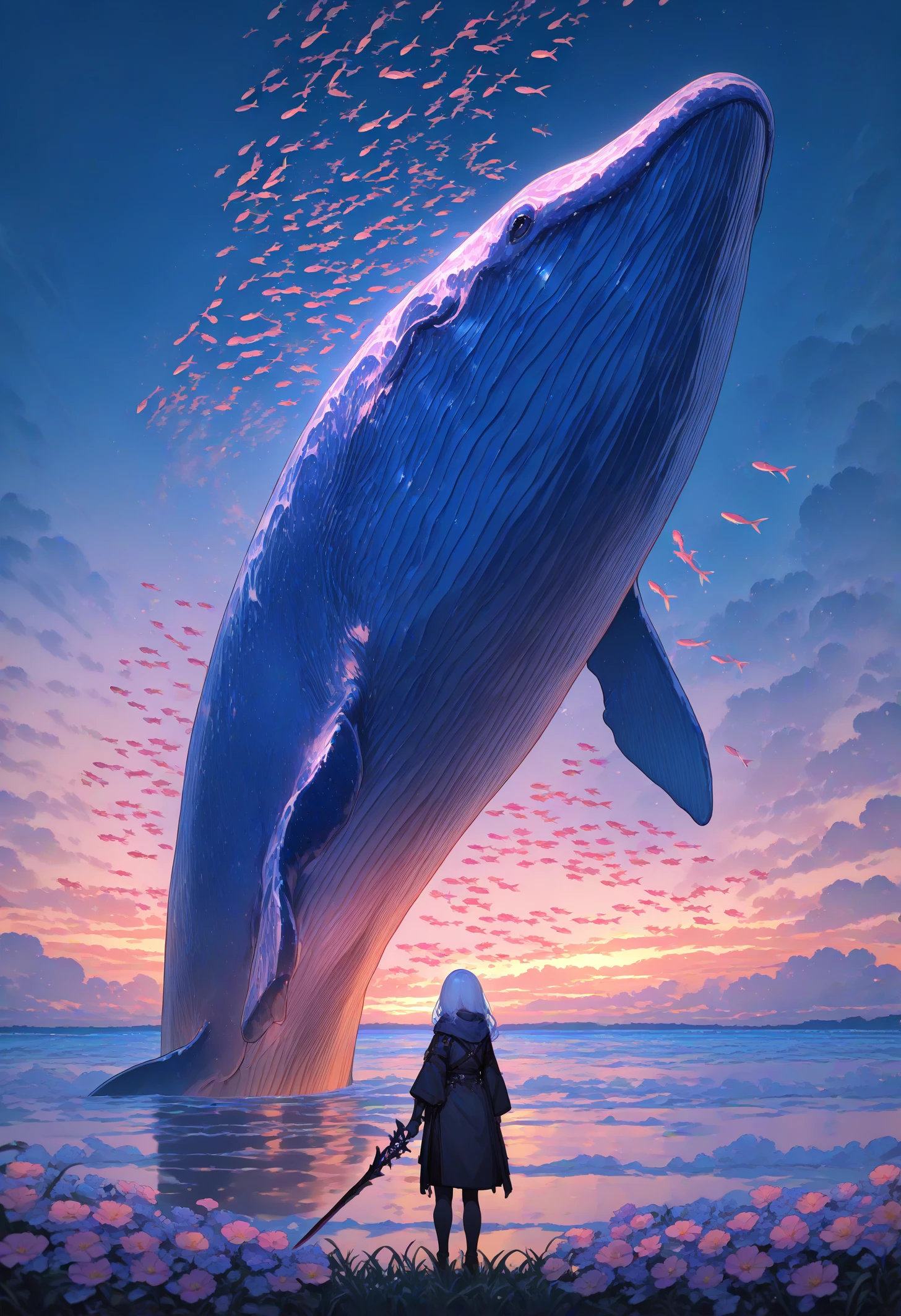 masterpiece, best quality, newest, absurdres, highres, <lora:Detailer_NoobAI_Incrs_v1:1>, detailed, whale, scenery, cloud, outdoors, cloudy sky, oversized animal, grass, sunset, 1girl, water, fantasy, facing away, wide shot, horizon, standing, holding weapon, flower, from behind, flock, flying fish, ocean, twilight