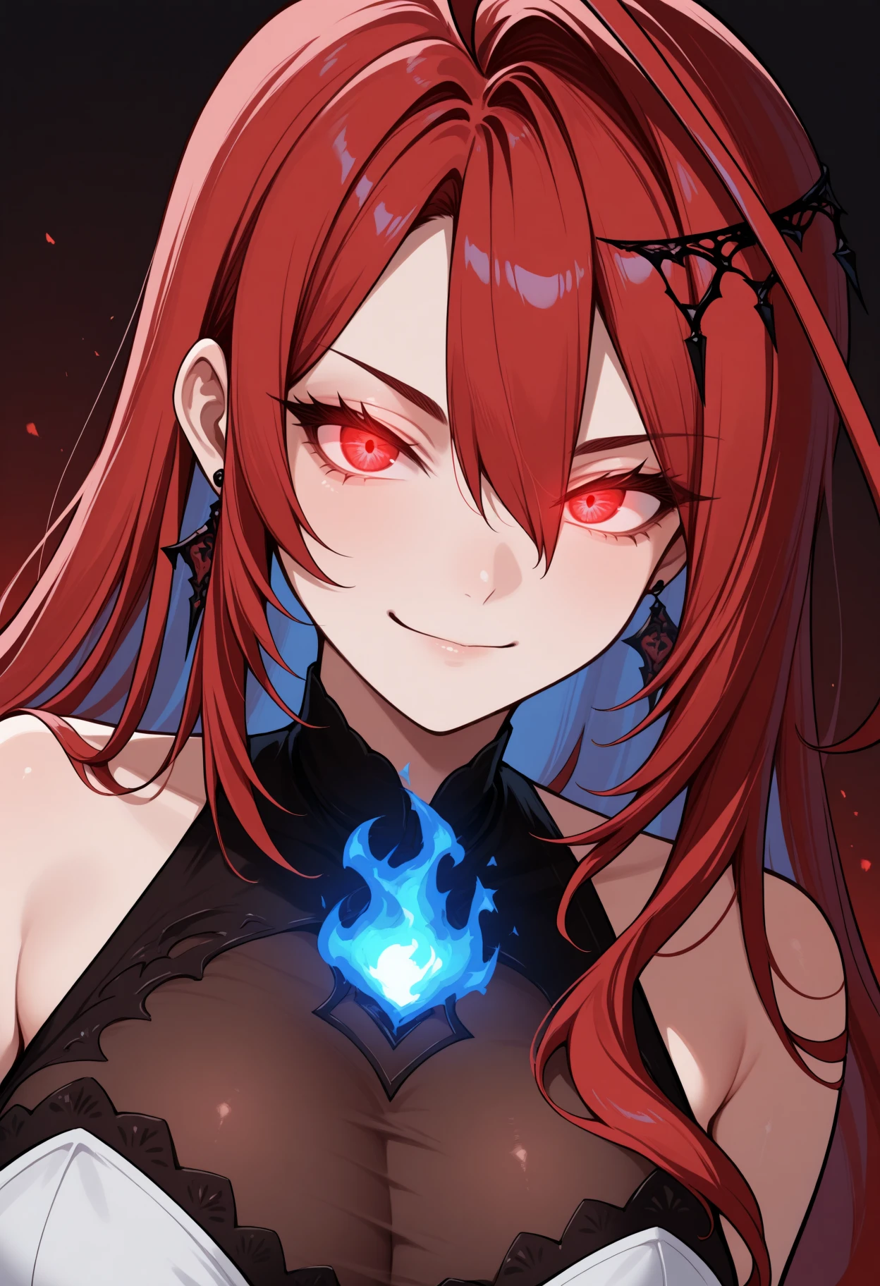 masterpiece, best quality, 1girl, solo, ElizabethRB, red eyes, red hair, colored inner hair, long hair, huge ahoge, hair ornament, earrings, sleeveless dress, white dress, asymmetrical dress, see-through cleavage, white belt, blue fire, fire on chest, portrait, close-up, dutch angle, smirk, eye trail, glowing eyes, motion lines, looking at viewer, <lora:ChamElizabethRoseBloodflameIllustriousXL:1>