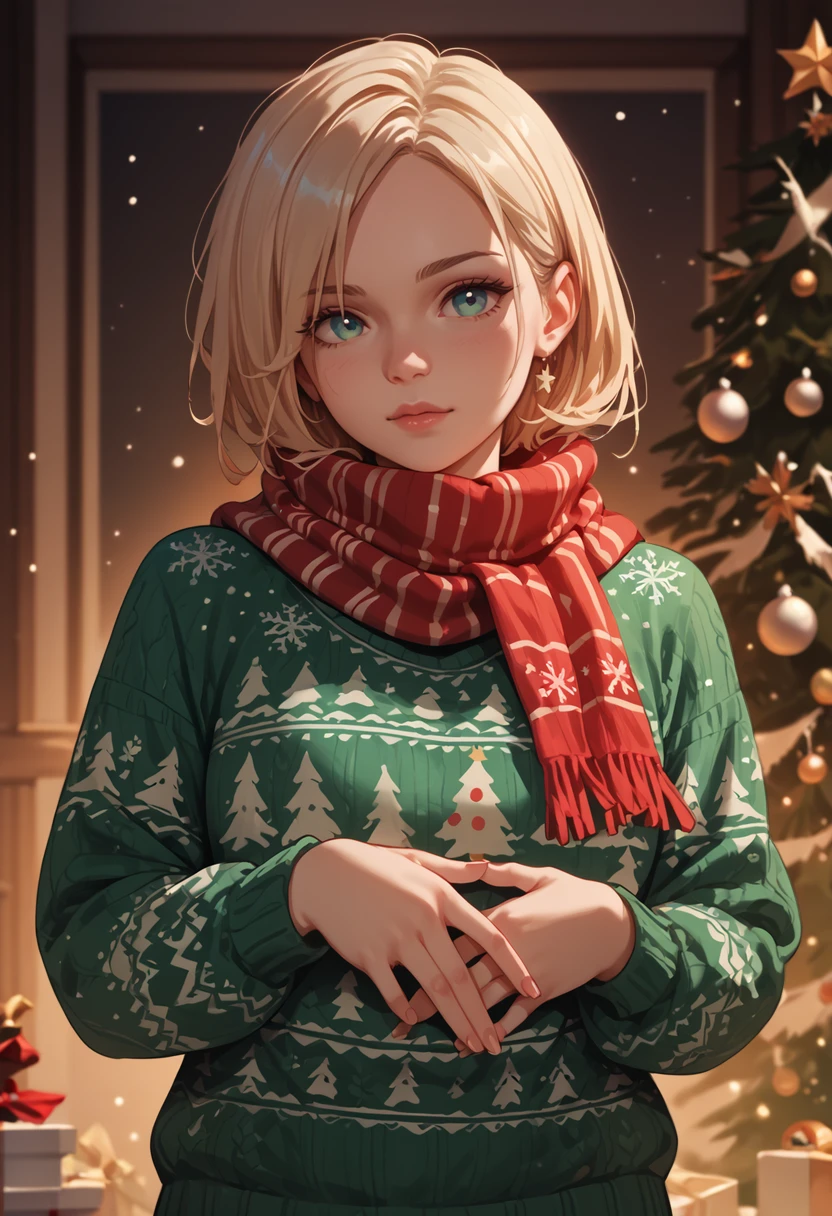 score_9, score_8_up, score_7_up, score_6_up, score_5_up, score_4_up, masterpiece, ultra-detailed, high resolution,

christmas_sweater, 1girl, scarf, christmas, green sweater