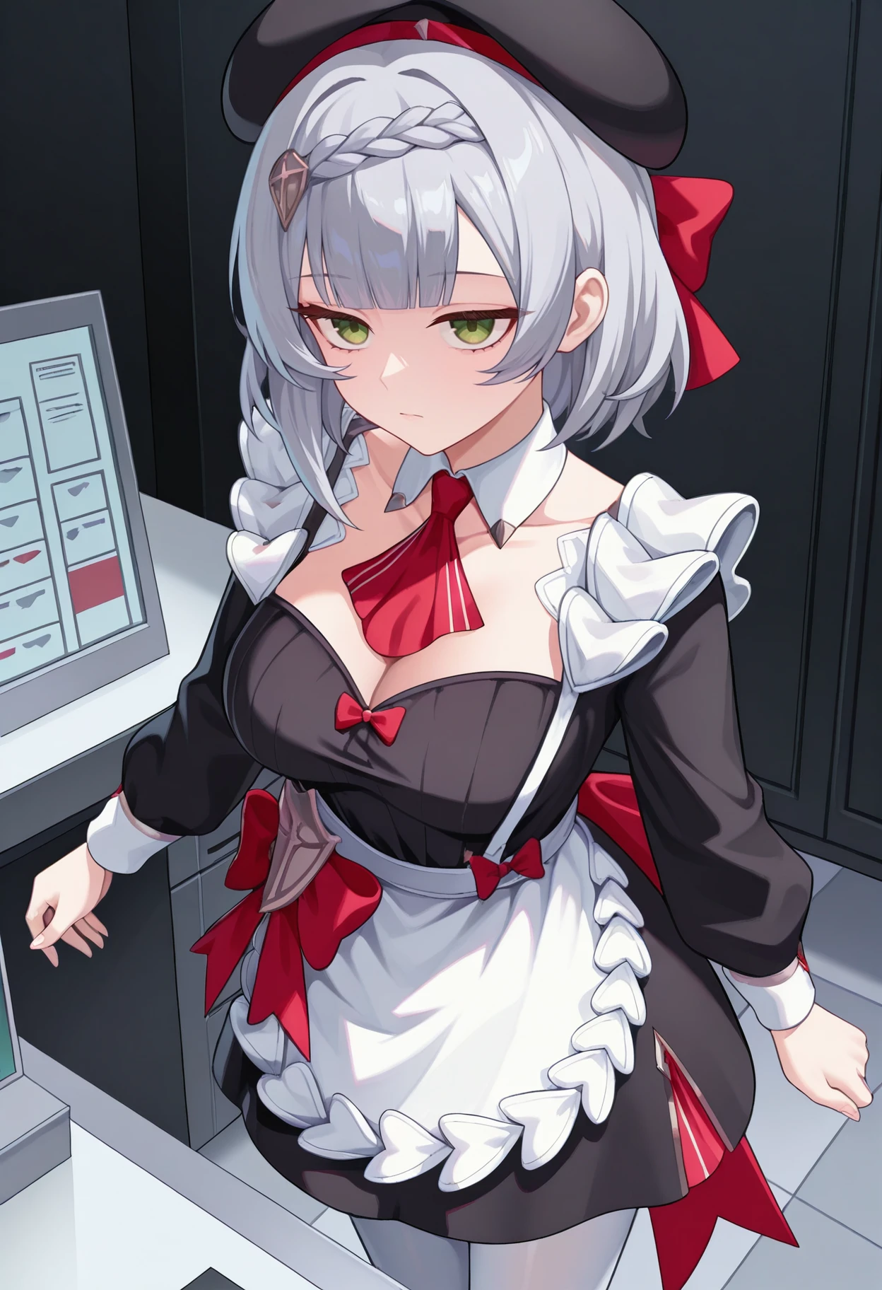 masterpiece, best quality, hires, absurdres, newest, 1girl, solo, <lora:noelle-gi-richy-v1_ixl:1> nlkf, green eyes, grey hair, short hair, braid, blunt bangs, black beret, red bow, hair bow, detached collar, red ascot, breasts, black dress, long sleeves, uniform, white apron, white pantyhose, standing, unamused, cash register, looking at viewer, expressionless,