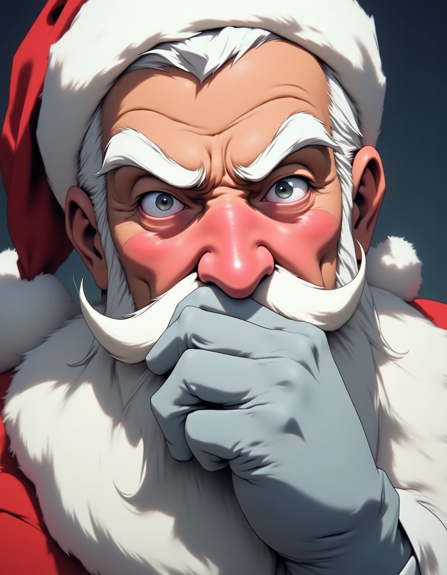 an anime NIJI artwork using muted colors, soft blended shading and smooth lines, A close-up portrait of Santa Claus, with his hand covering the nose and mouth in a gesture that suggests he is sneezing or has a cold. This scene can evoke feelings of humor and joy as you interact with him, focusing on the face.