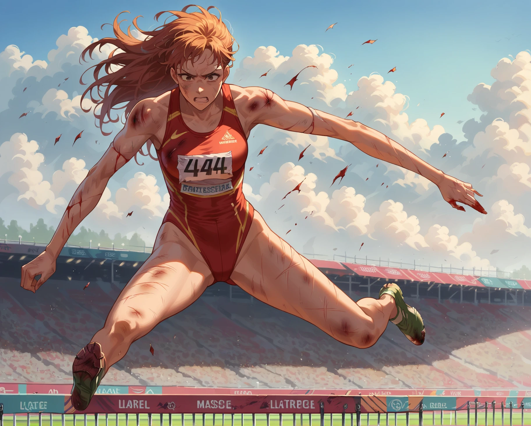 anime artwork score_9, score_8_up, score_7_up, (anime:1.1), anime style, high quality, masterpeice, hurdling, track uniform, 1girl, solo, long hair, track and field, ripped leotard, jumping, red leotard, <lora:princess_xl_v2:0.6> <lora:Smooth Anime Style LoRA XL:0.8> <lora:hurdling-pony:0.9>  <lora:Battle_Damage:0.3> BattleDamage, cuts, bruises, damaged, torn clothes, blood