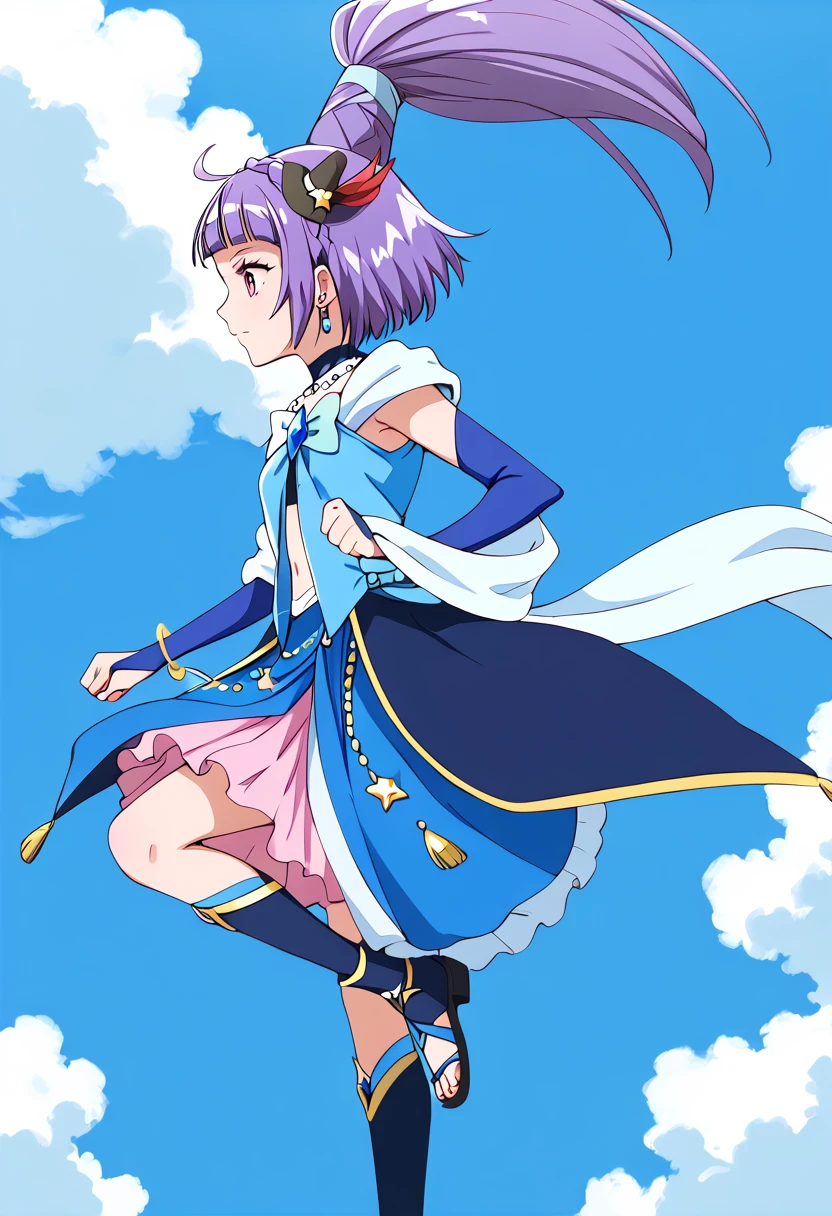 score_9, score_8_up, score_7_up, source_anime, BREAK
cure magical, cure magical \(sapphire style\), crmgclsapphire, 1girl, purple hair, solo, purple eyes, mini hat, ponytail, earrings, from side, profile, closed mouth, witch hat, hair ornament, black headwear, cloud, bridal gauntlets, elbow gloves, blue sky, midriff, hair cones, pink skirt, blunt bangs, detached sleeves, day, fingerless gloves, bracelet, blue gloves, purple skirt, shiny hair, high ponytail, blue bow, standing, bare shoulders, ahoge, blue background, purple gloves, purple choker, outdoors, eyebrows visible through hair, hair bow, mini witch hat, arm warmers, cloudy sky, hair ribbon, very long hair, blue dress, french braid, looking afar, miniskirt, navel, scratches, blue skirt, blue hair, looking to the side, spade \(shape\), eyelashes, frills, crown braid, blue ribbon, pink eyes, looking away, simple background, knee boots, blue choker, bead necklace, serious, breasts, anime coloring, frown, looking ahead, tied hair, layered skirt, asymmetrical clothes, shirt, diamond \(shape\), bruise, standing on one leg, belt, red eyes, star hat ornament, smile, tilted headwear, blue gemstone, wide ponytail, clenched hand, blue legwear, toeless legwear, blue footwear, sandals, thighlet, hat ornament, sash, clenched hands, shawl, floating, thigh strap, pink headwear, full body, brooch, breast bow, gradient skirt, multicolored skirt
<lora:cure_magical_izayoi_liko_pony_locon_v1:0.7>