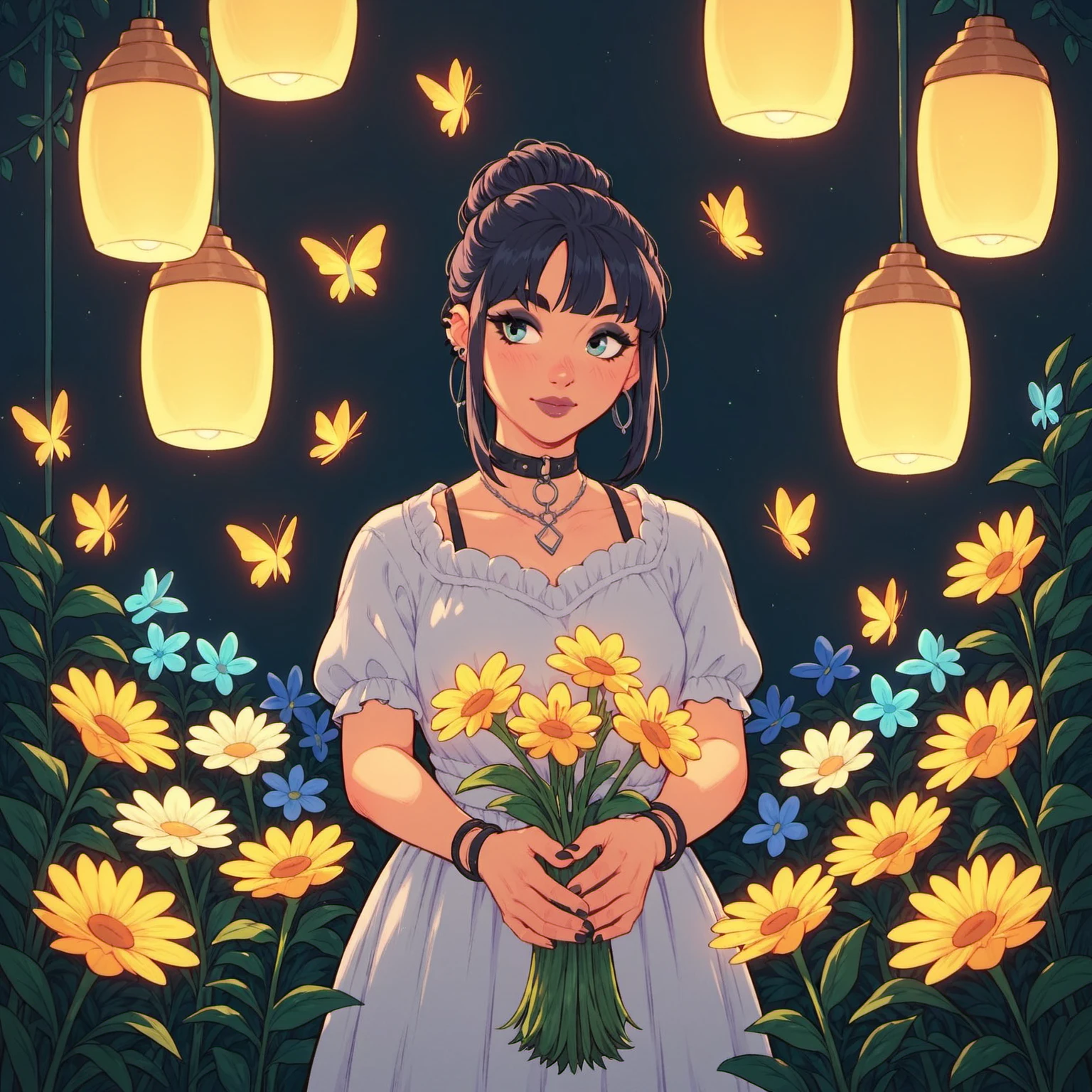 score_9, score_8_up, score_7_up, woman, flowers, dress, butterflies, hanging lanterns, night, garden, goth, eyeliner, goth woman  <lora:flower_woman_01_resized:0.6>