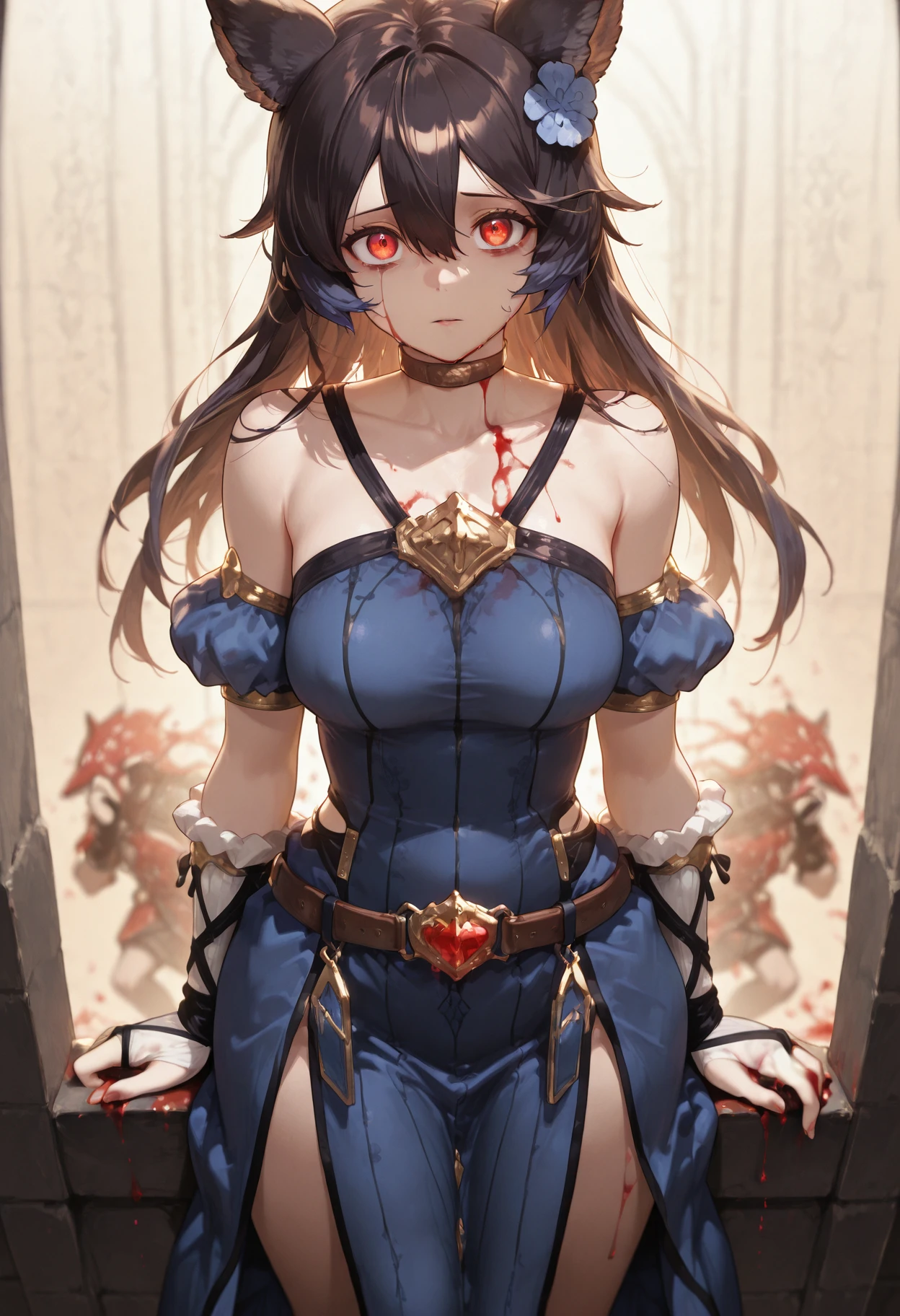 masterpiece, best quality, amazing quality,  
 <lora:neirIL:1>, nierIL, nierblue, blue dress, detached sleeves, hair flower, puffy short sleeves, bridal gauntlets, choker, brown belt, 1girl, solo, long hair, looking at viewer, hair ornament, dress, hair between eyes, bare shoulders, collarbone, flower, solo focus, belt, blood, blue flower,