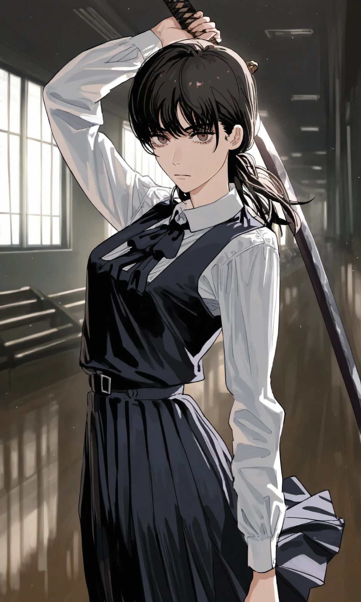 mitaka asa, low twintails, brown eyes, collared shirt, school uniform, pinafore dress, sleeveless dress, neck ribbon, looking at viewer, cowboy shot, interior, hall, window, serious, holding katana, arm up, (masterpiece, best quality, very awa:1.2)