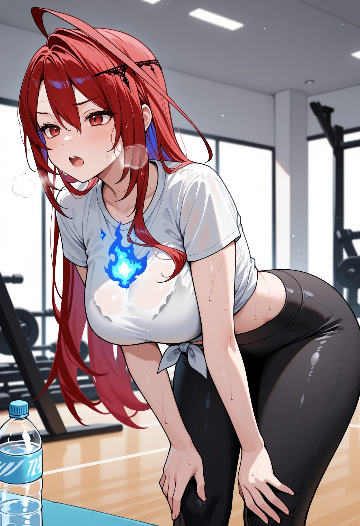 masterpiece, best quality, 1girl, solo, ElizabethRB, red eyes, red hair, colored inner hair, long hair, huge ahoge, hair ornament, blue fire, fire on chest, white shirt, tied shirt, midriff, yoga pants, black pants, sweat, leaning forward, hands on own knees, sweatdrop, indoors, gym, water bottle, heavy breathing, open mouth, <lora:ChamElizabethRoseBloodflameIllustriousXL:1>