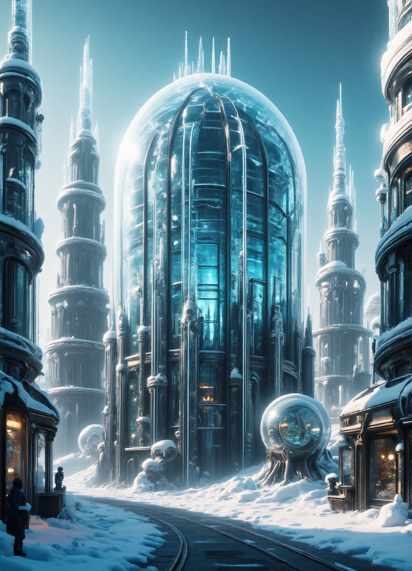 A futuristic donmfr0stp4nkfx frost covered cityscape at dusk with a sprawling glass metropolis in the foreground, surrounded by a shimmering winter wonderland filled with wassail tinsel and charity lanterns, under task lighting that highlights sparkling and festive details of the architecture "Wassail"