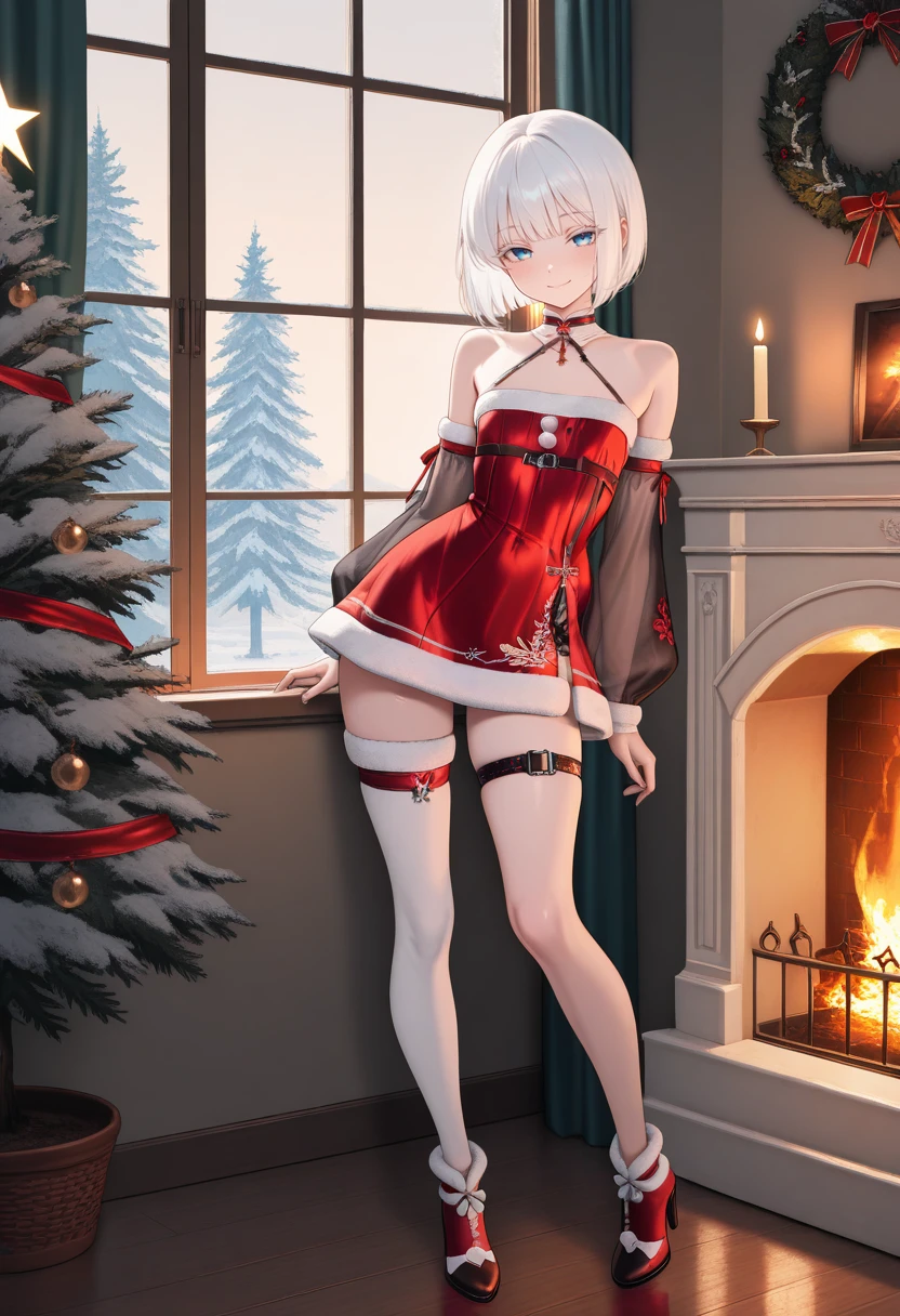 masterpiece,best quality,amazing quality,very aesthetic,absurdres,newest,scenery,
1girl, s4nt4, red dress, detached sleeves,  thigh strap, white thighhigh, single thighhigh, red heels,
 small breasts, flat chest, white hair, bob cut, looking at viewer, close-up, blue eyes, 
cute innocent girl, slender body, thick eyelashes, perfect eyes,  seductive smile, 
Leaning against an invisible pillar , a cozy christmas room with a glowing tree, warm fireplace, and snowy window, soft candlelight and festive decor, peaceful holiday vibe.
 <lora:SantaEve IL v7:0.8>