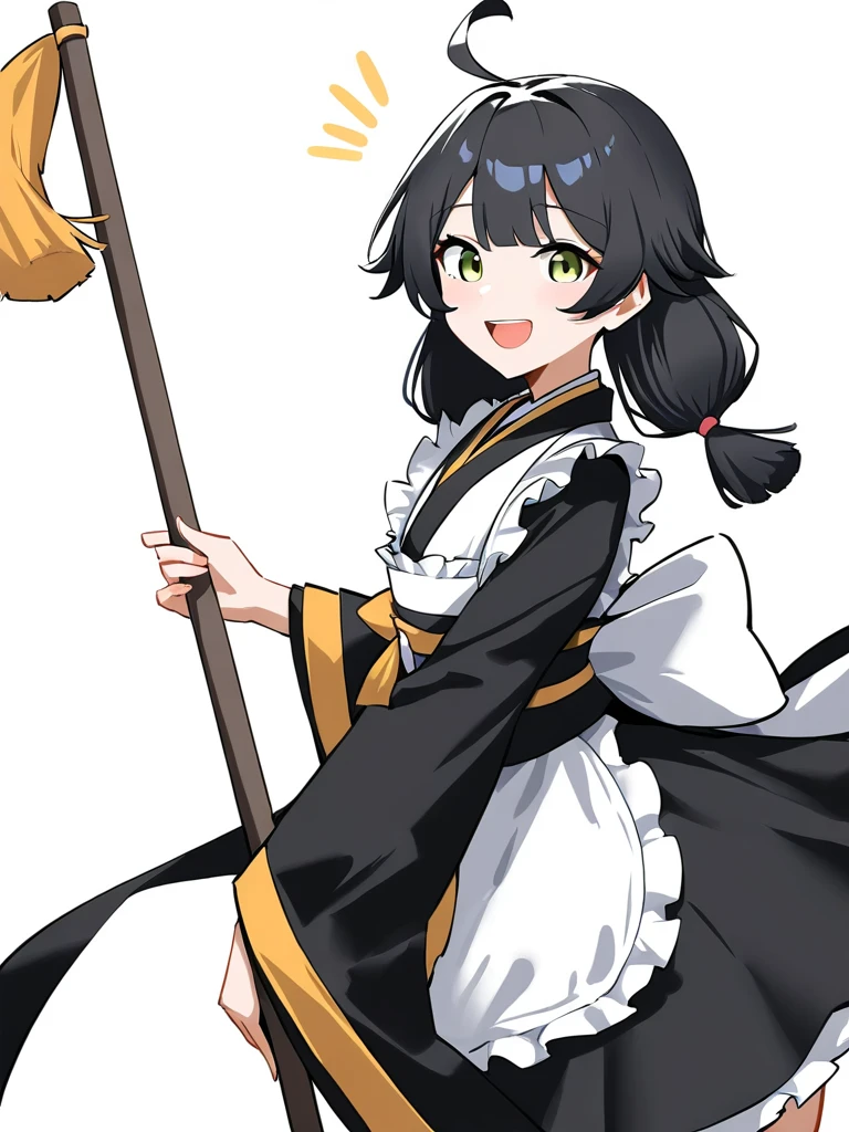 1girl,ahoge,((maid)),looking at viewer,open mouth,rihefang,smile,(solo:1.2),white background,,simple background,cowboy shot,black hair,<lora:rihefang-000018:0.8>, masterpiece, best quality, very aesthetic, absurdres