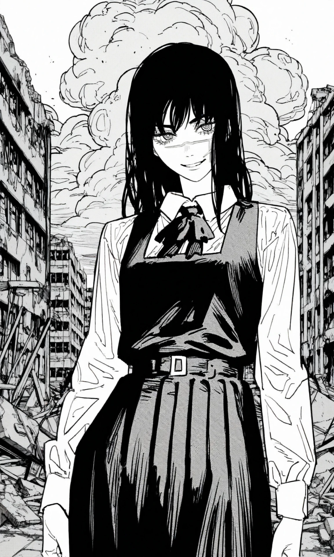 yoru \(chainsaw man\), 1girl, (scar on face:1.1), ringed eyes, (monochrome, greyscale:1.0), long hair, collared shirt, school uniform, pinafore dress, sleeveless dress, neck ribbon, looking at viewer, cowboy shot, (\(mushroom cloud\):1.15), evil grin, ruins, city, (masterpiece, best quality, very awa:1.0)