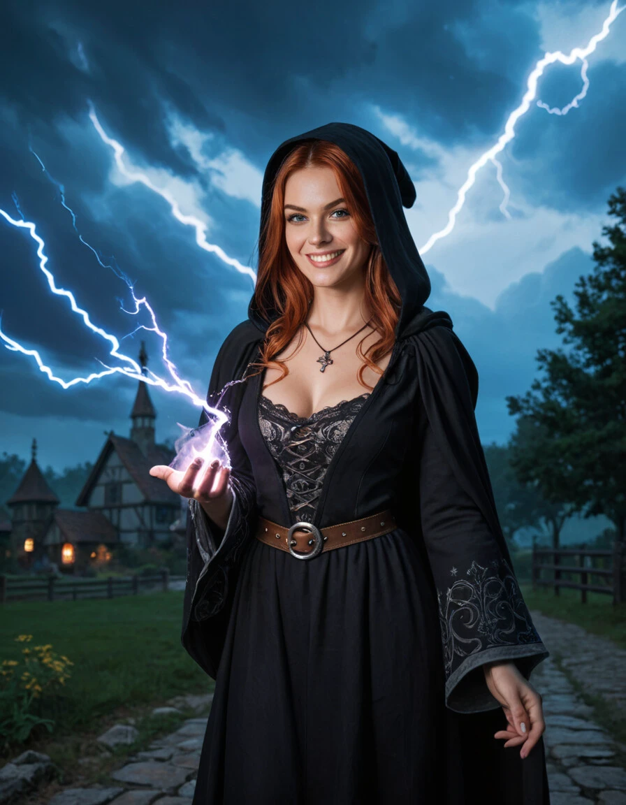 score_9, score_8_up, score_7_up, fantasy, medieval, aura, glowing, sorceress, dark robe, might, power, evil smirk, looking at viewer, solo, witch, shadows, necklace, runes, lightning in the background, stormy night