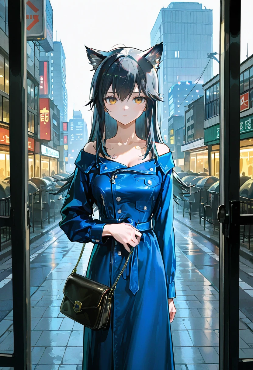 1girl,solo,looking at viewer,ikeda ruriko,duster dress, blue dress, buttons, off shoulder, texas_(arknights), purse,city,