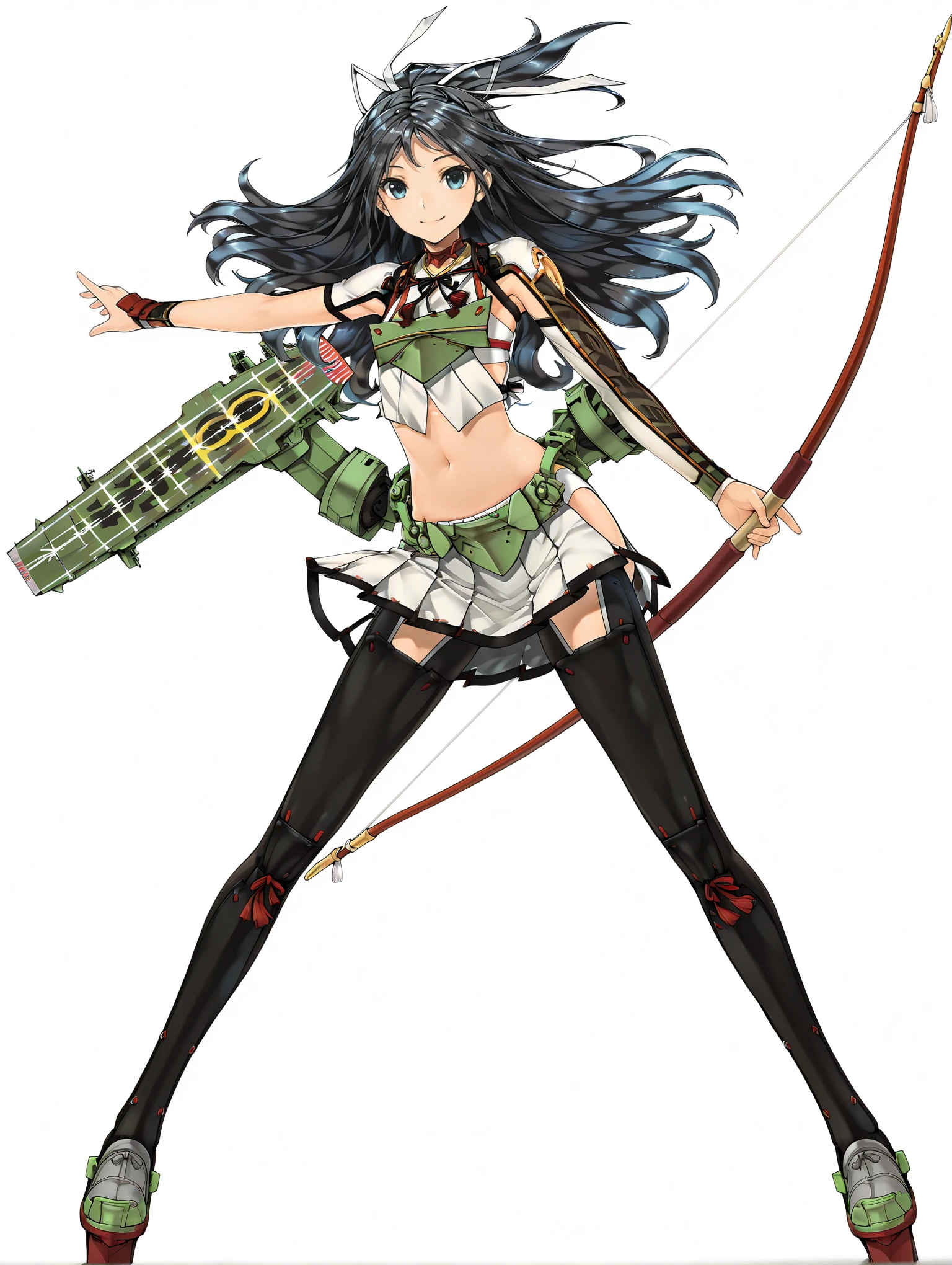 masterpiece,best quality,amazing quality,1girl,solo,
<lora:Katsuragi_ilxl_v1.:1>,Katsuragi,k_clothes,zettai ryouiki,rudder footwear,k_yumi,holding weapon,k_ro,machinery,flight deck,
<lora:Fixhands_anime_bdsqlsz_V1:1>,face_focus,looking_at_viewer,white_background,simple_background,standing,portrait,full_shot,dynamic_angle,cinematic_angle,reaching,smile,spread legs,