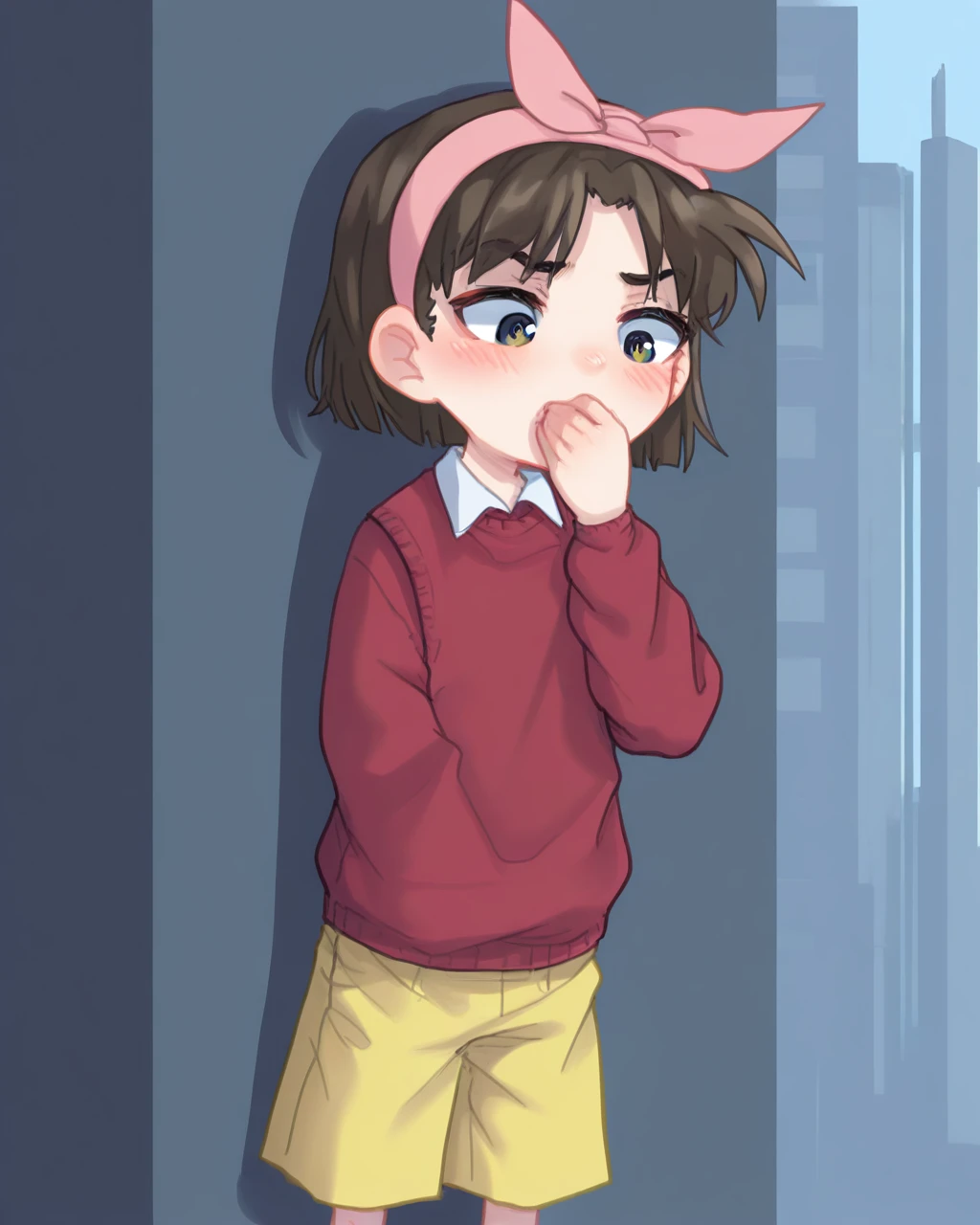 masterpiece, best quality, ppka, female , 1girl, solo, ayumi, pink hairband, red sweater vest, collared vest, yellow shorts, pouting, hand over own mouth, city