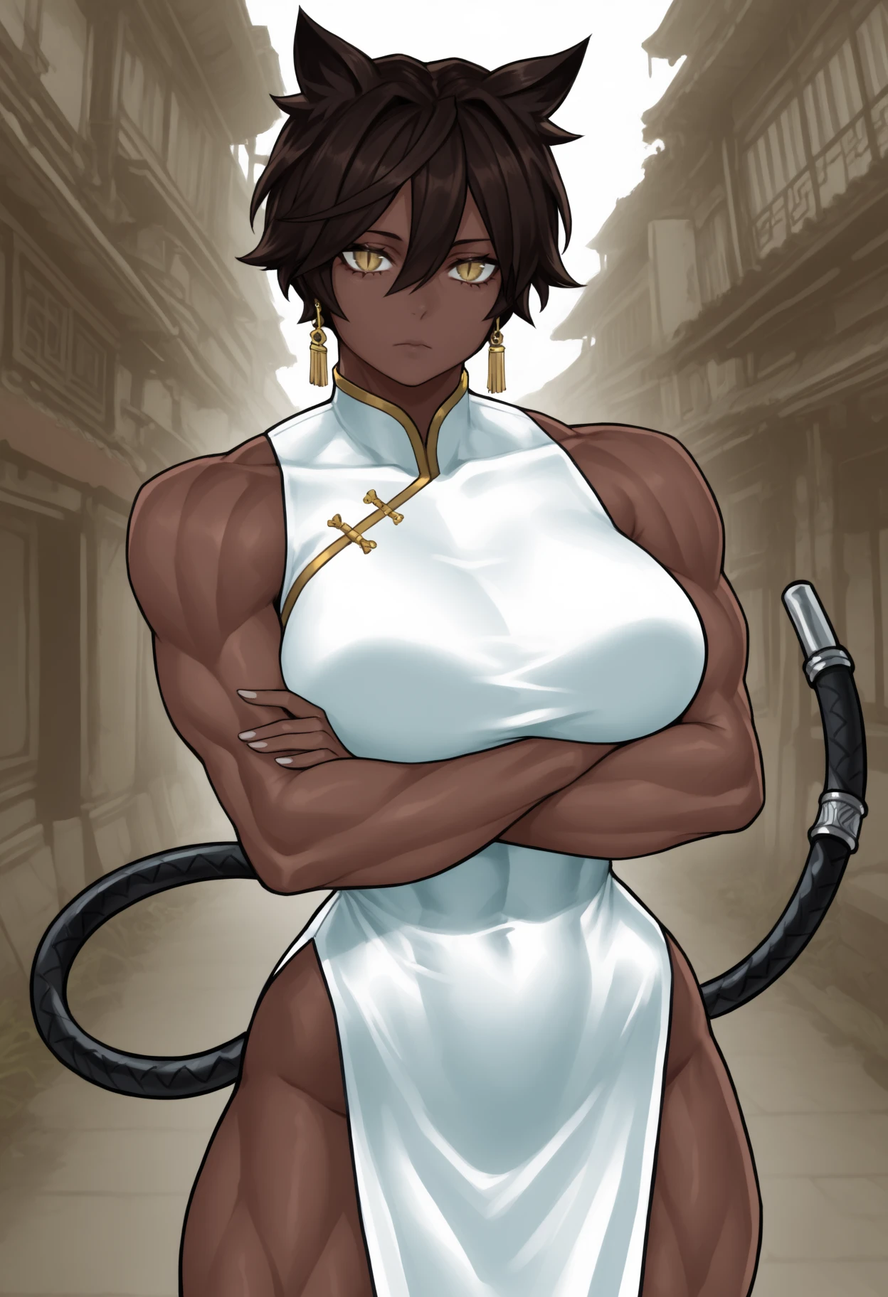 masterpiece, best quality, 1girl, dark-skinned female, hair ears, yellow eyes, slit pupils, short hair, dark brown hair, hair between eyes, cable tail, tail ring, large breasts, muscular, 
gold earrings, china dress, white dress, gold earring, bare legs, sleeveless, 
looking at viewer, expressionless, standing, crossed arms,
outdoors,
<lora:Mao-YOTARo-NoobAi-1.1_V1-Manityro-CAME:1.0>