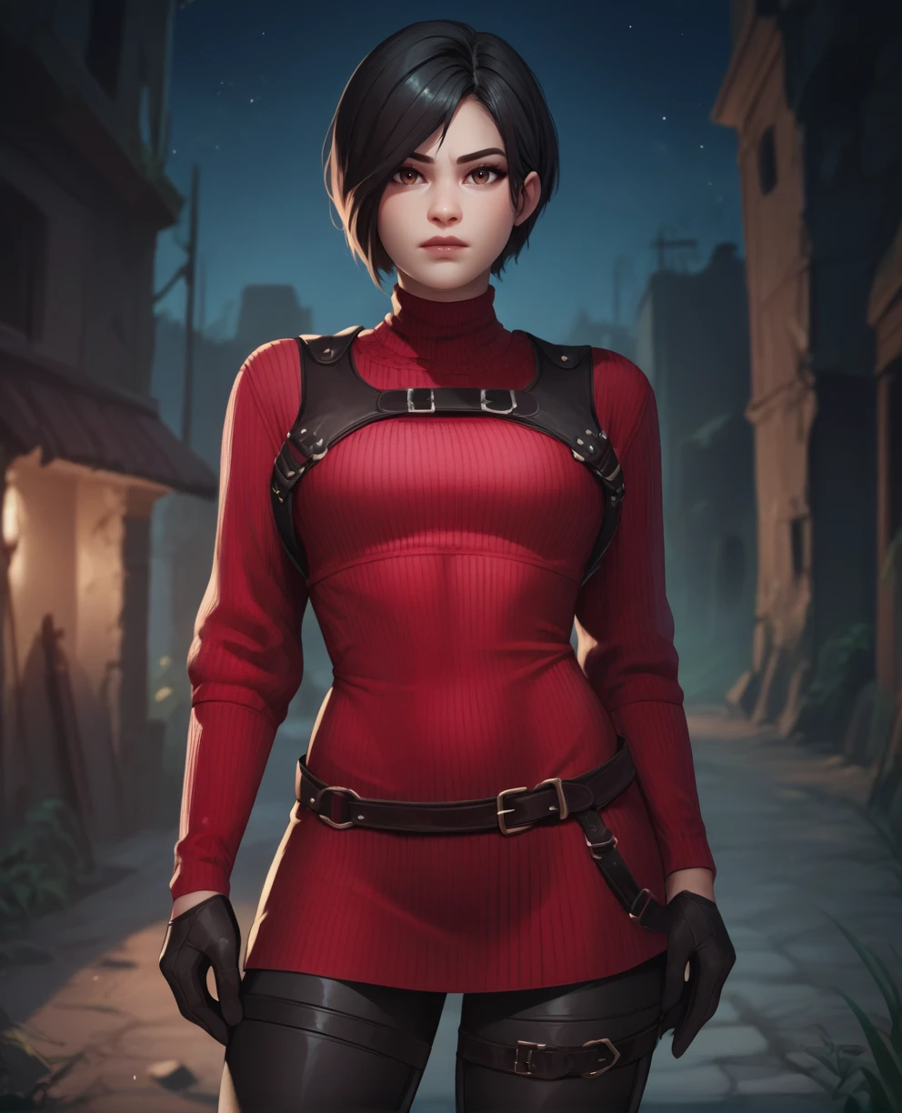 score_9,score_8_up,score_7_up,score_6_up,score_5_up,score_4_up,
adwngxl,black hair,brown eyes,looking at viewer,
red sweater,harness,belt,
standing, gloves,
night,outdoors,ruins,<lora:AdaWong4XL:0.9>,