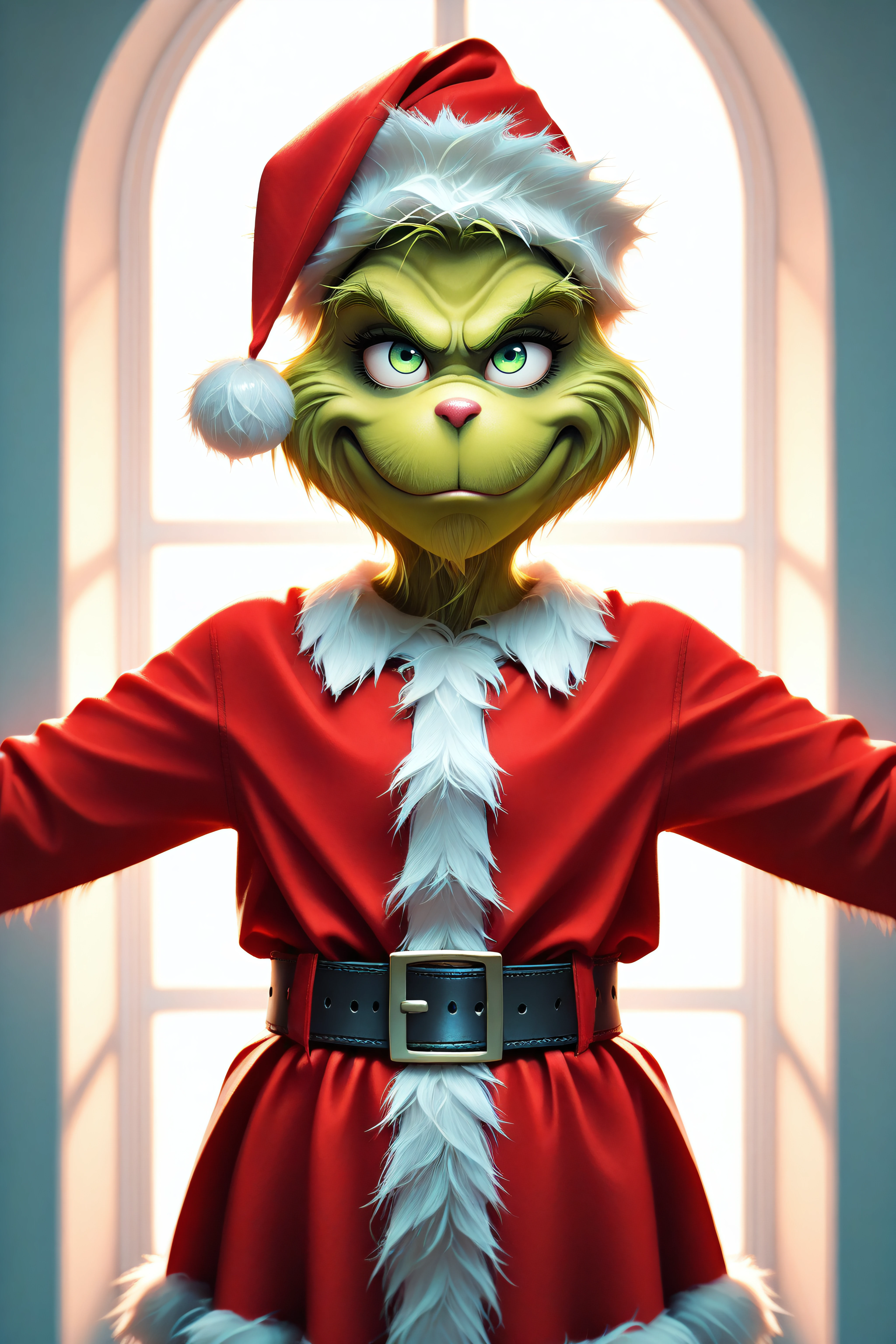 masterpiece, best quality, <lora:The Grinch v1.5-Illustrious-lora-Faxtron:1> the grinch, green eyes, santa hat, santa costume, belt,  <lora:Eclipse_Faces:1> eclipsefaces, dim, backlighting,